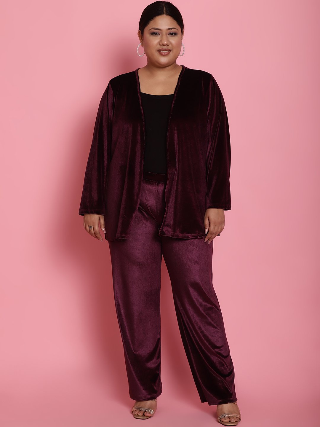 Women's Plus Size Plum Solid Color Velvet Shrug With Trouser