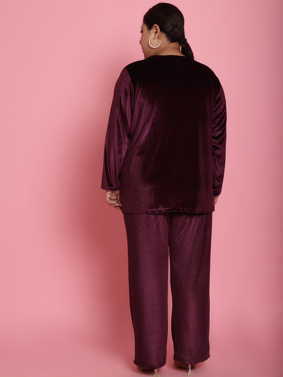 Women's Plus Size Plum Solid Color Velvet Shrug With Trouser