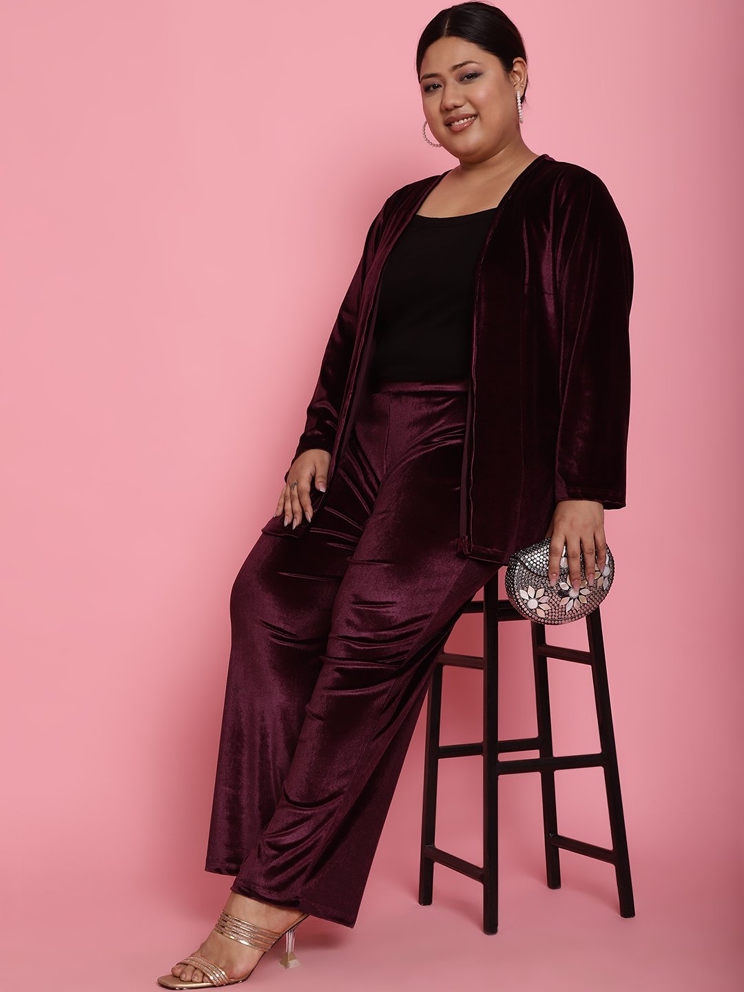 Women's Plus Size Plum Solid Color Velvet Shrug With Trouser