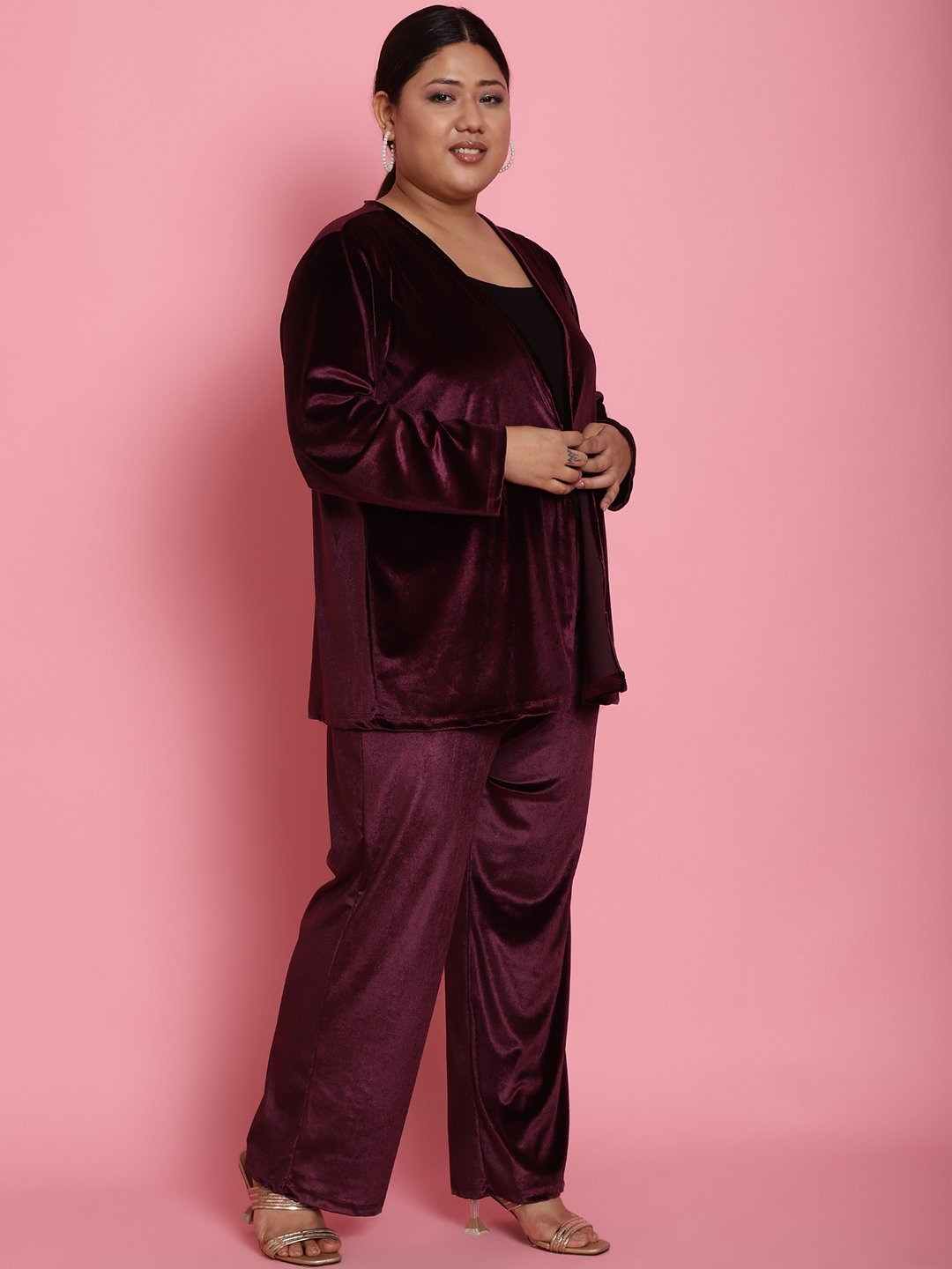 Women's Plus Size Plum Solid Color Velvet Shrug With Trouser