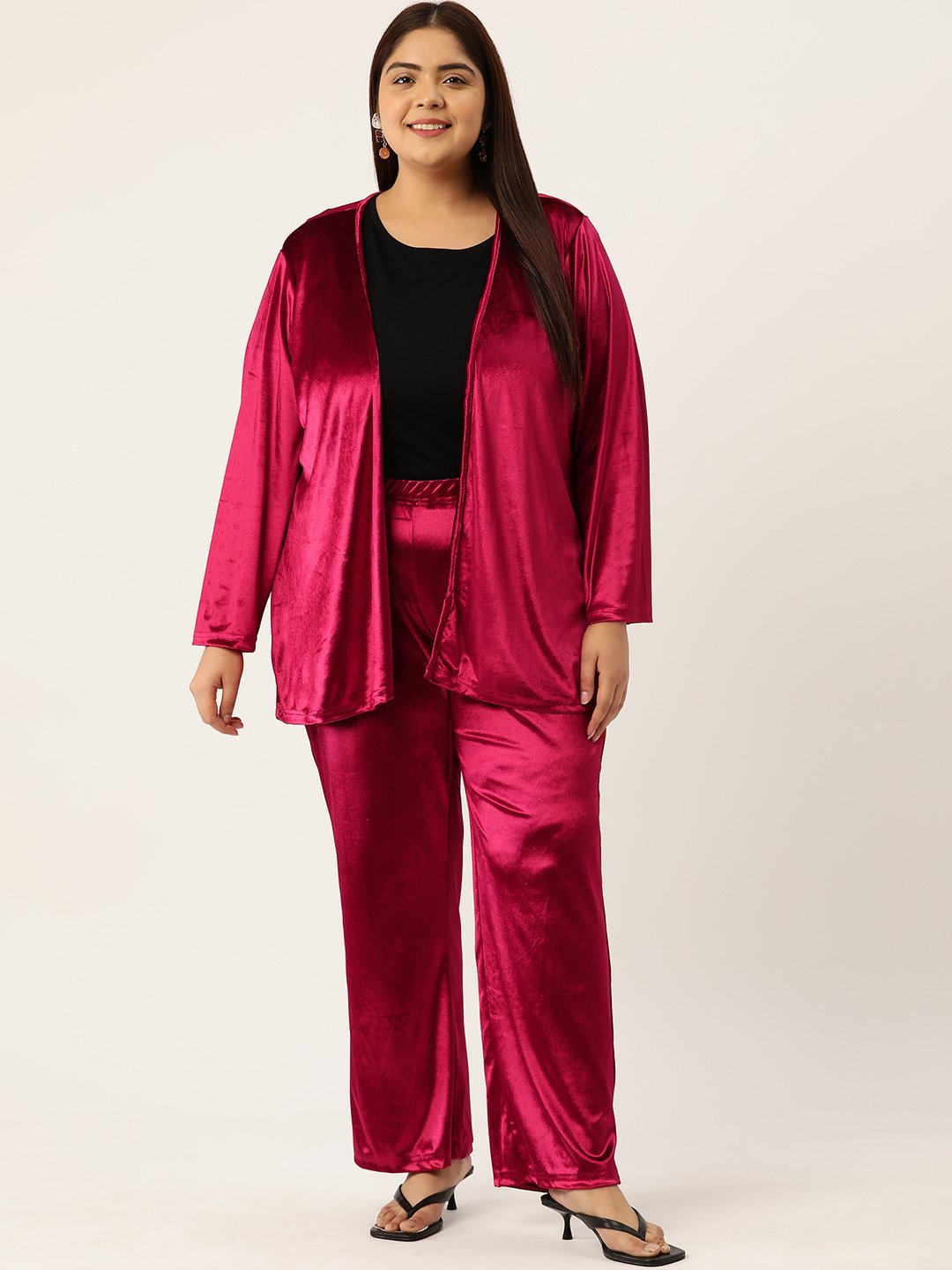 Women's Plus Size Red Solid Color Velvet Shrug With Trouser