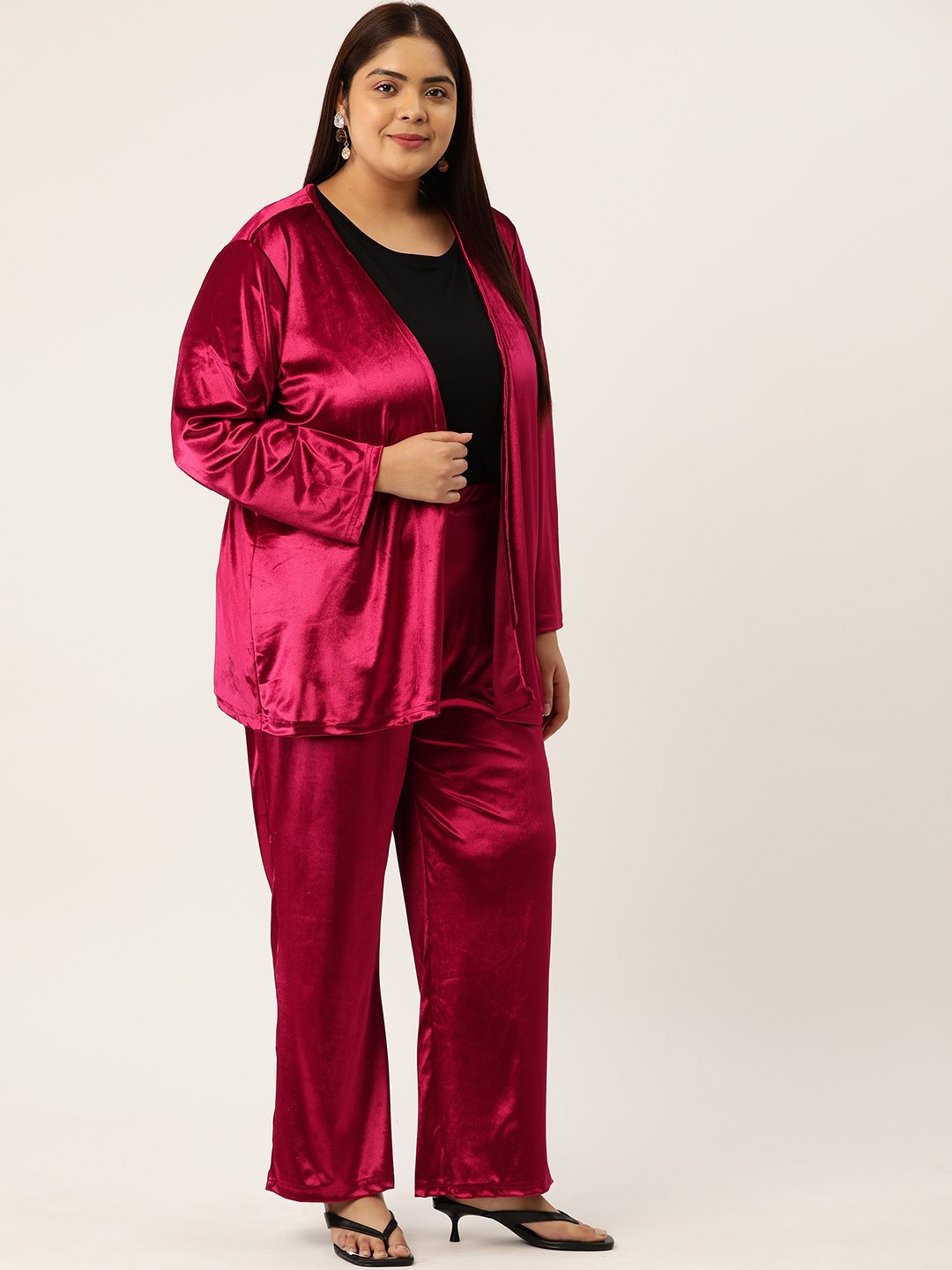 Women's Plus Size Red Solid Color Velvet Shrug With Trouser