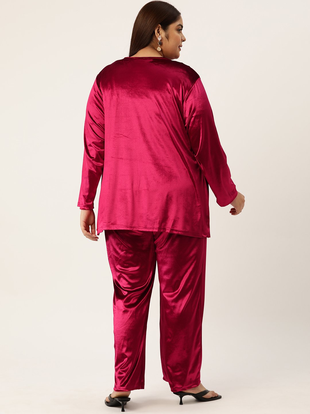 Women's Plus Size Red Solid Color Velvet Shrug With Trouser
