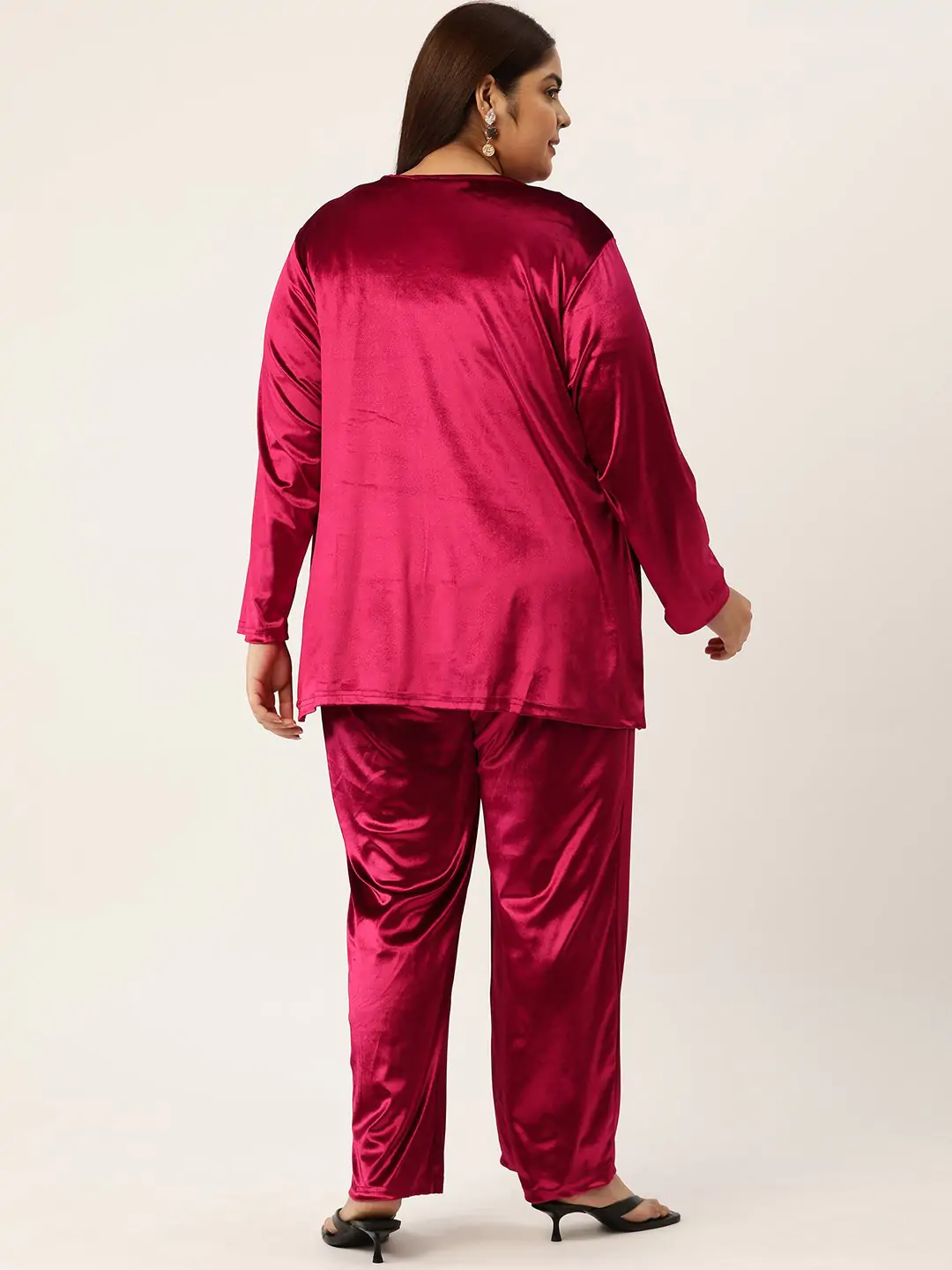 Women's Plus Size Red Solid Color Velvet Shrug With Trouser