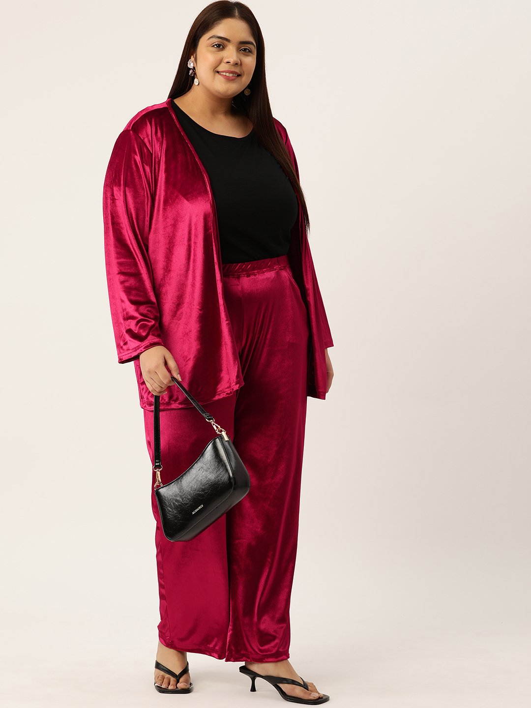 Women's Plus Size Red Solid Color Velvet Shrug With Trouser