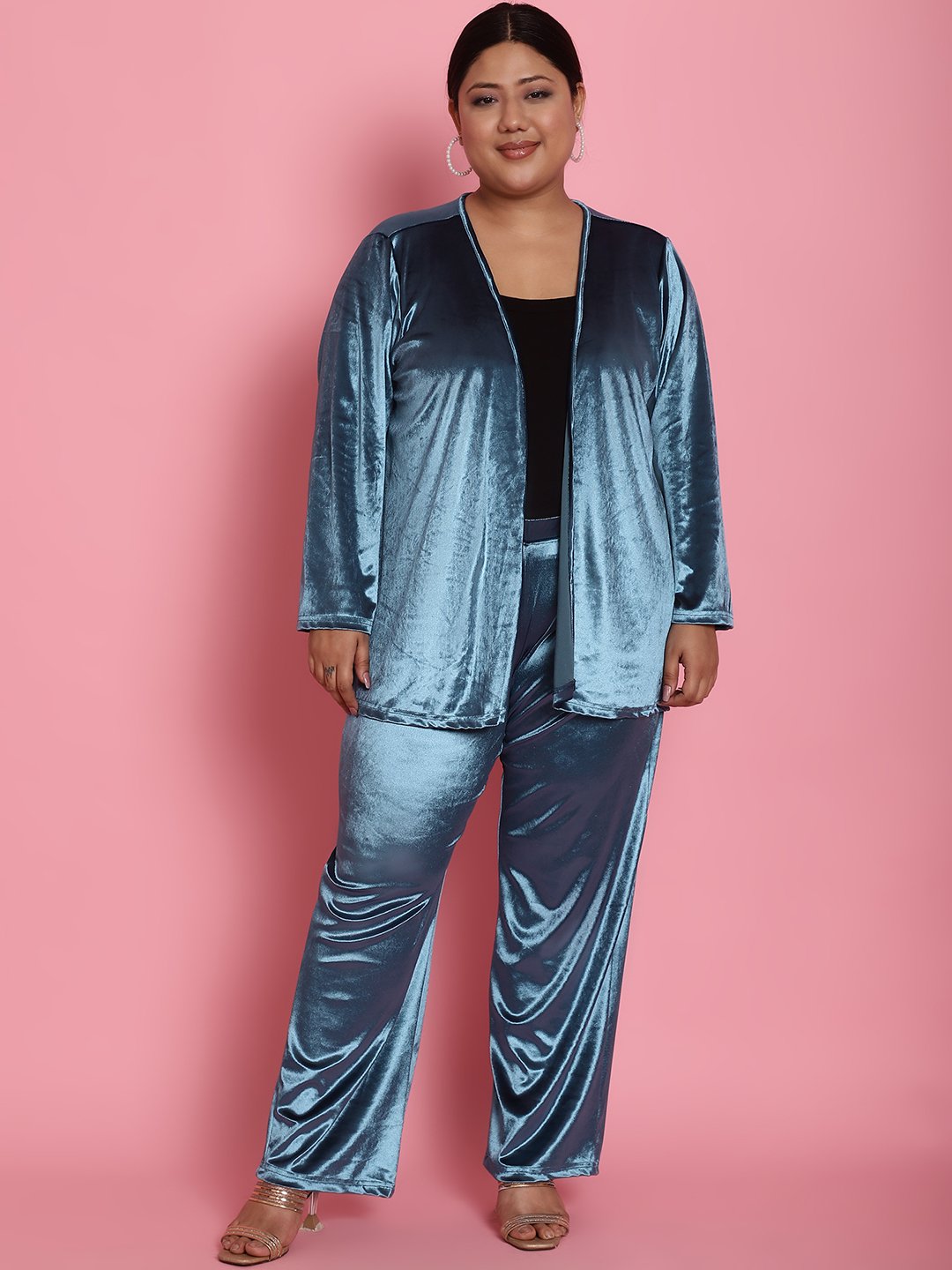 Women's Plus Size Teal Solid Color Velvet Shrug With Trouser