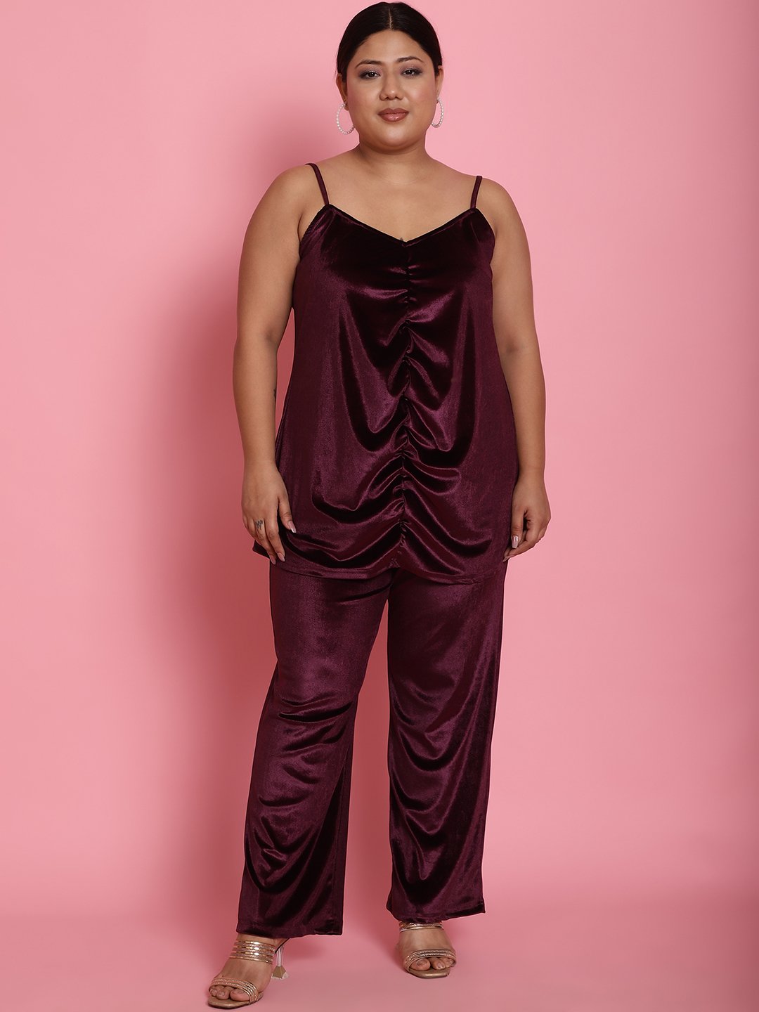 Women's Plus Size Plum Solid Color Velvet Gathered Top With Trouser