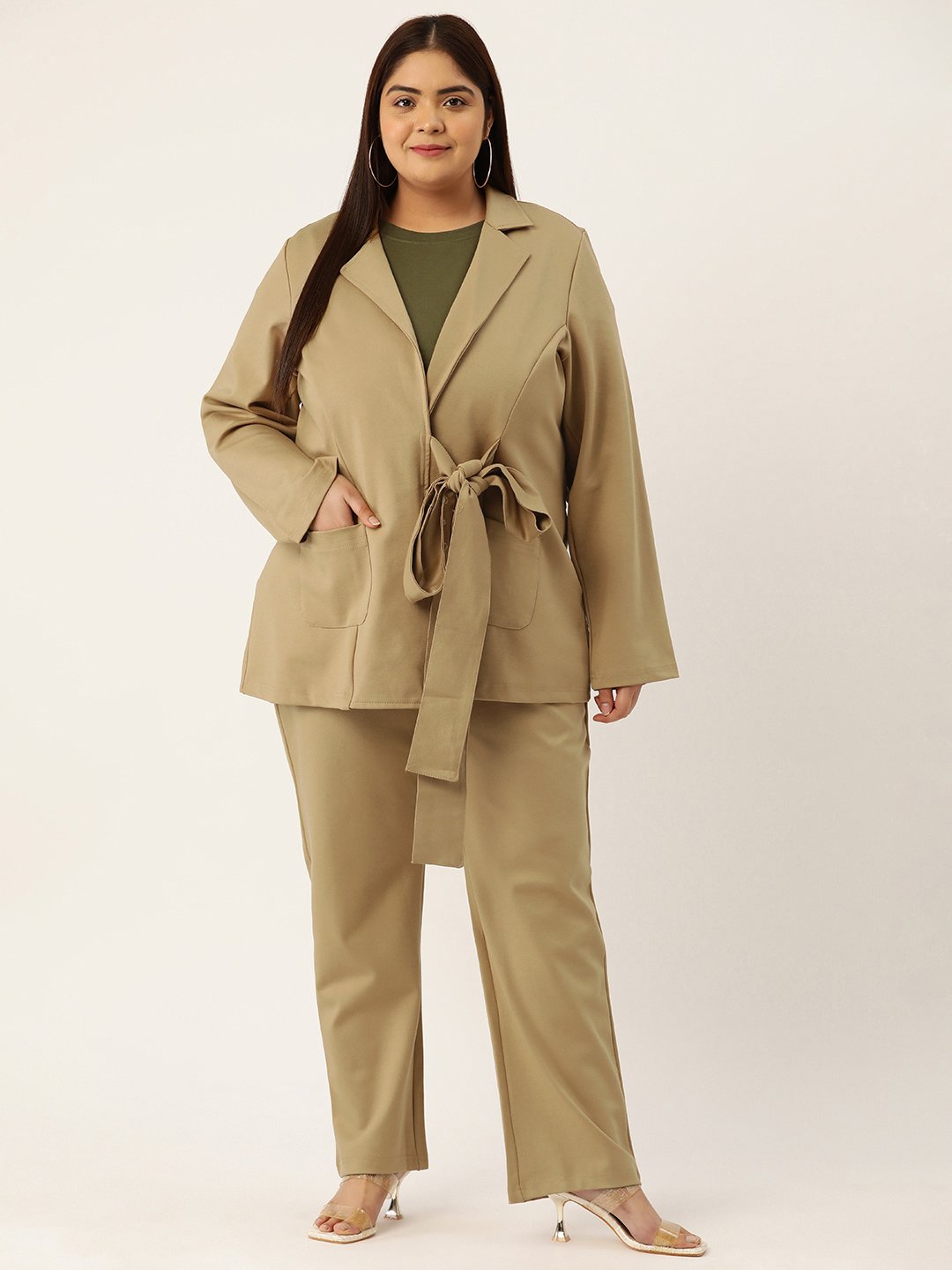 Women's Plus Size Beige Solid Color Shrug With Trouser