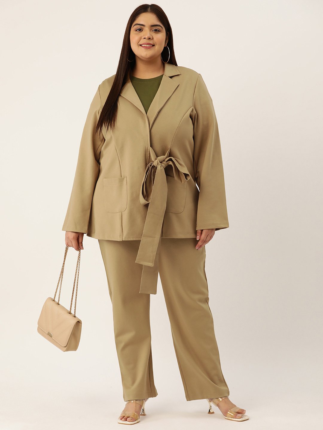 Women's Plus Size Beige Solid Color Shrug With Trouser