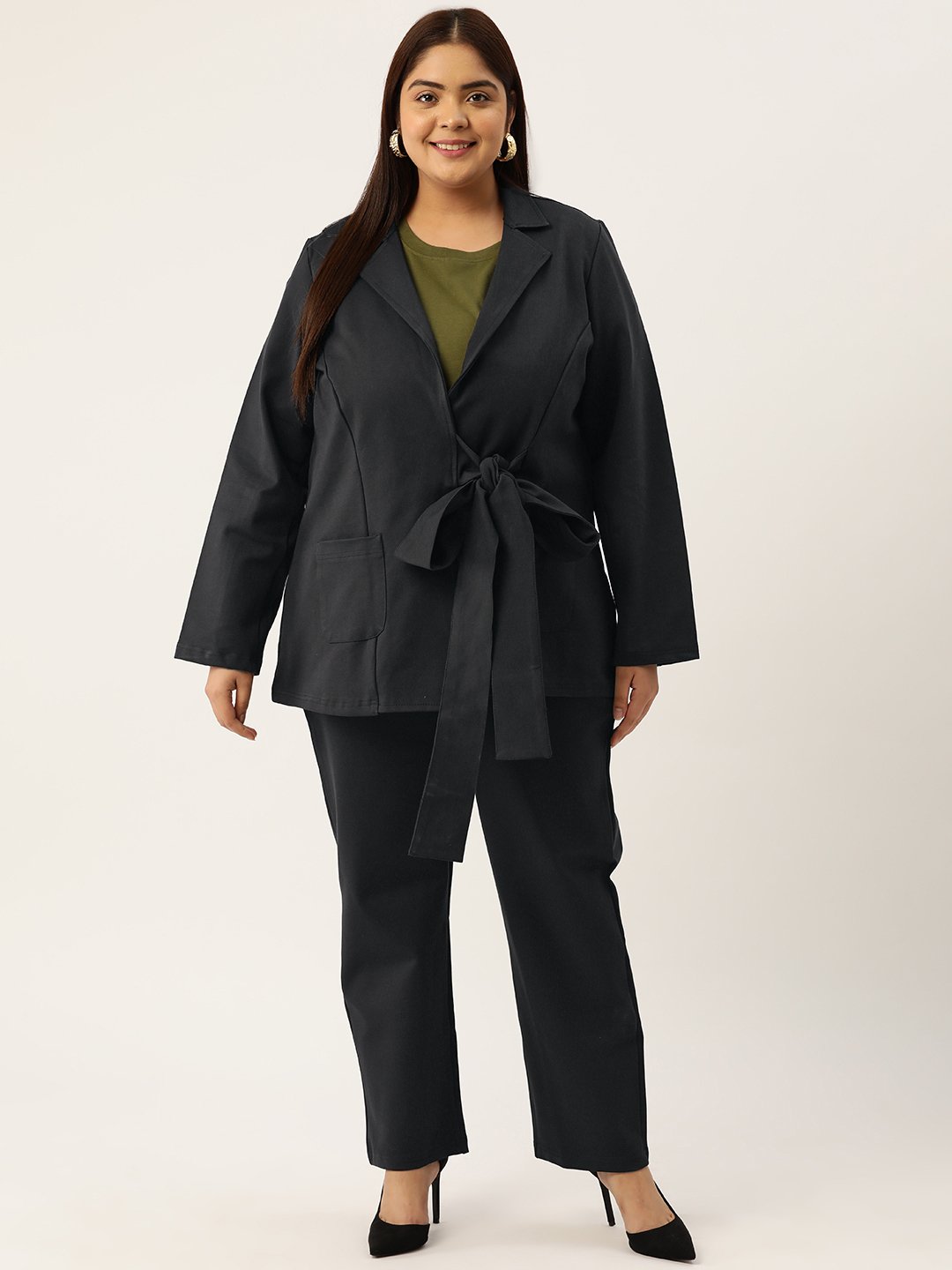 Women's Plus Size Dark Grey Solid Color Shrug With Trouser