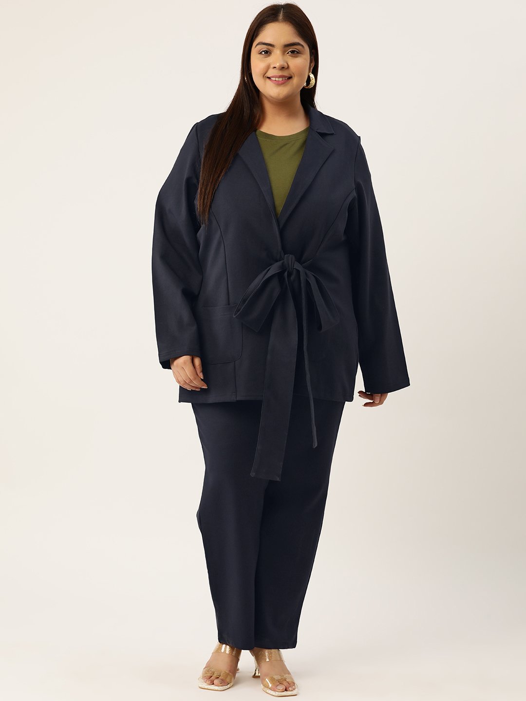 Women's Plus Size Navy Blue Solid Color Shrug With Trouser