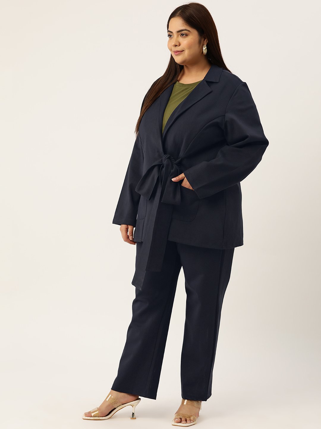 Women's Plus Size Navy Blue Solid Color Shrug With Trouser