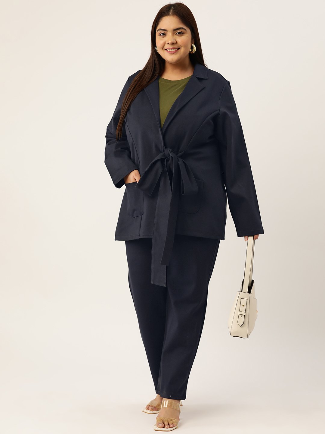 Women's Plus Size Navy Blue Solid Color Shrug With Trouser