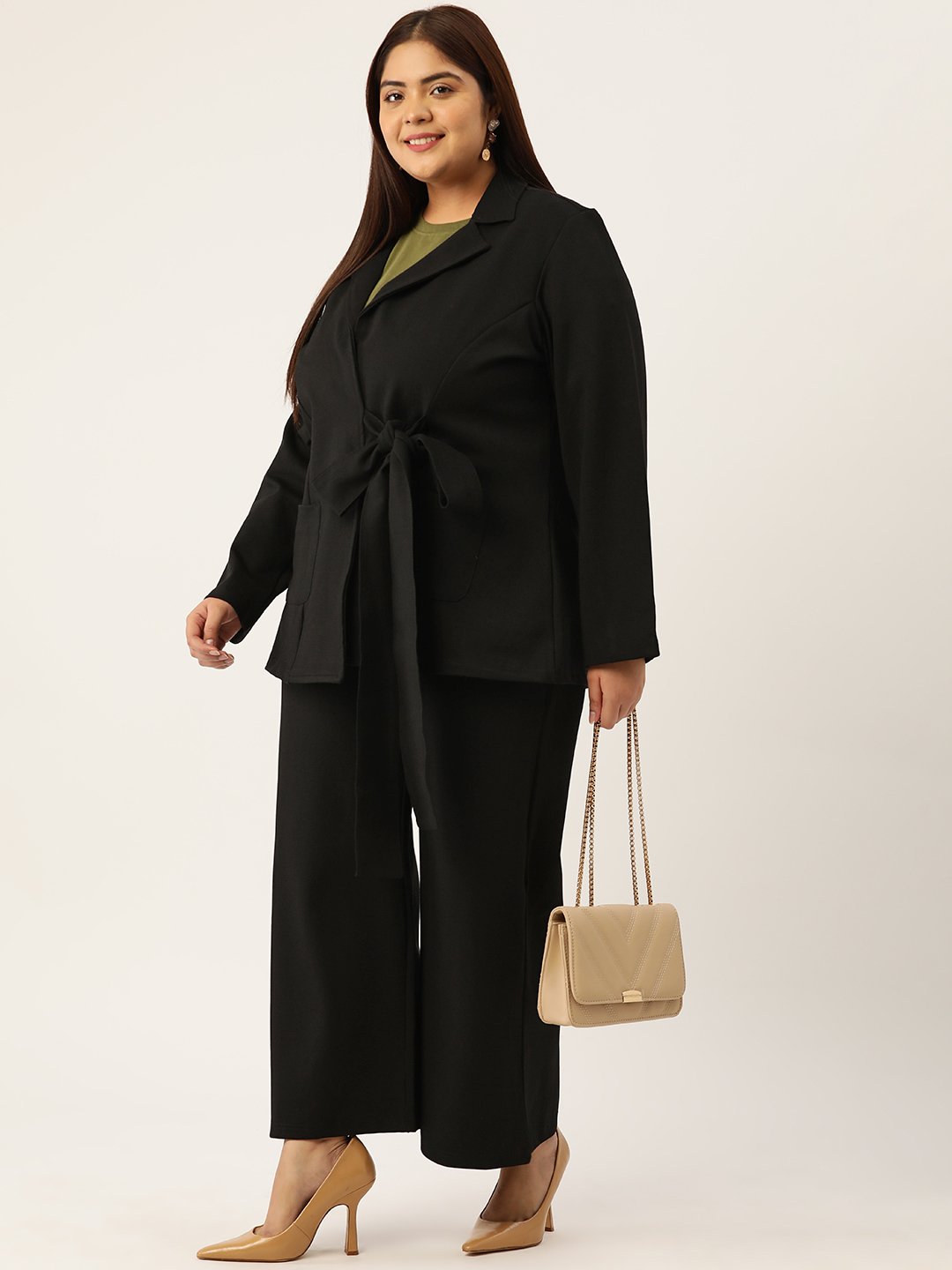 Women's Plus Size Black Solid Color Shrug With Flared Trouser