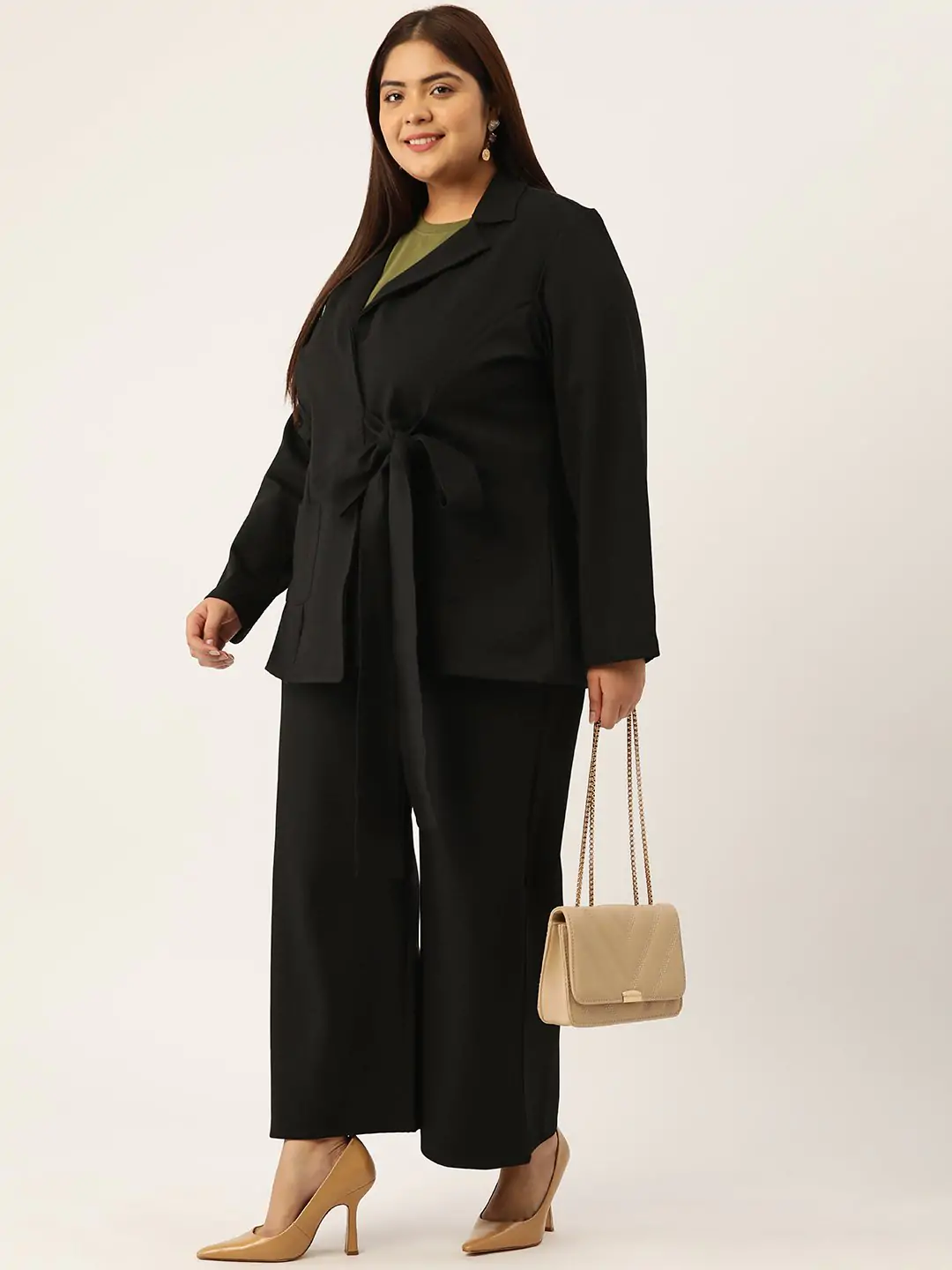 Women's Plus Size Black Solid Color Shrug With Flared Trouser