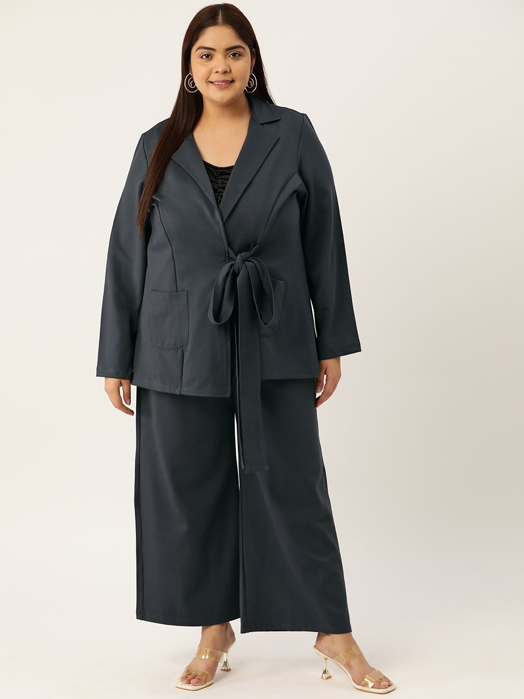 Women's Plus Size Dark Grey Solid Color Shrug With Flared Trouser