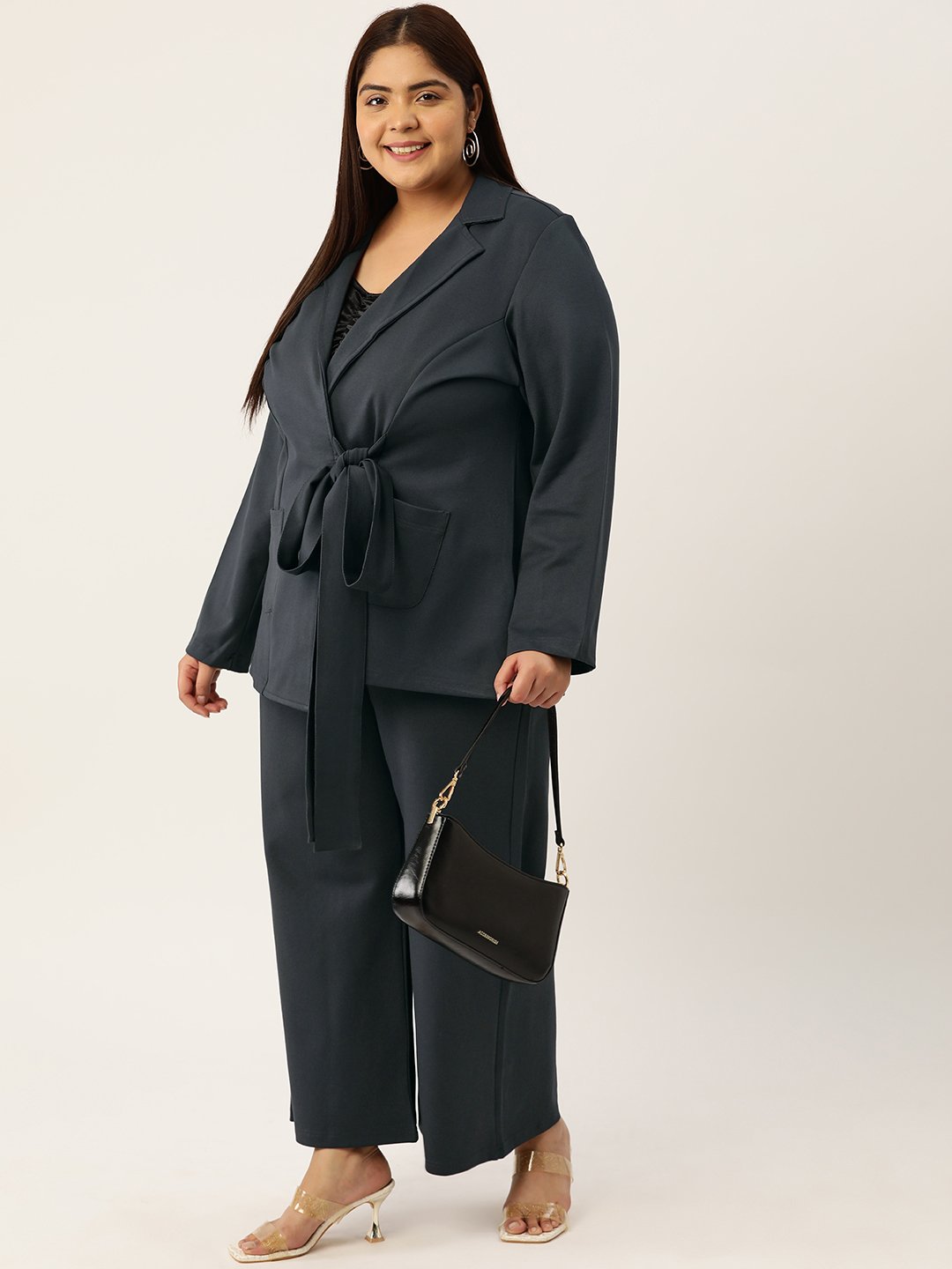 Women's Plus Size Dark Grey Solid Color Shrug With Flared Trouser