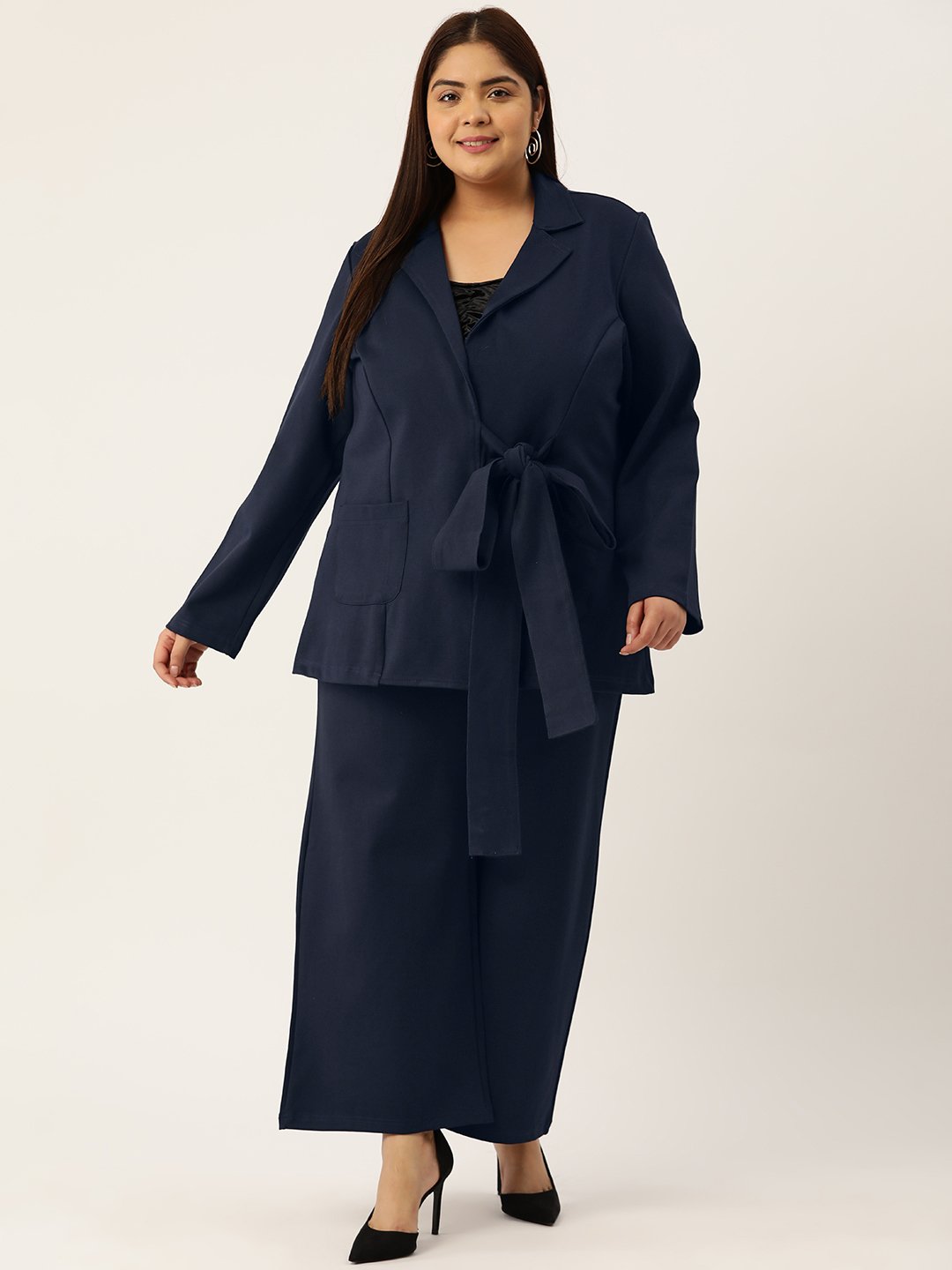 Women's Plus Size Navy Blue Solid Color Shrug With Flared Trouser