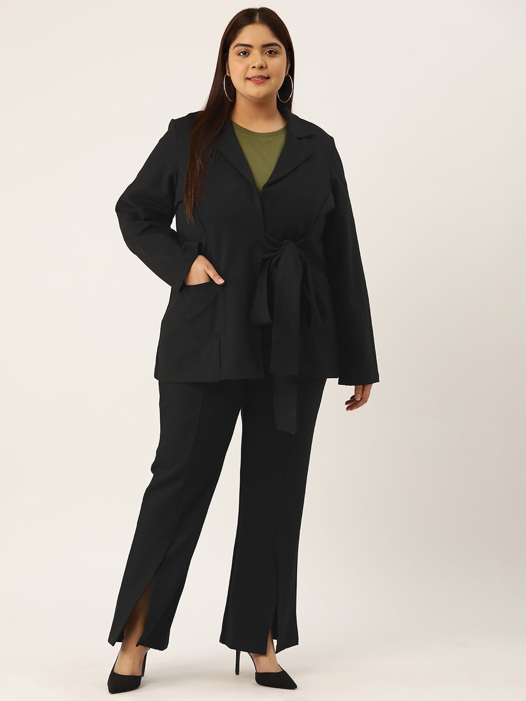 Women's Plus Size Black Solid Color Shrug With Pleated Trouser