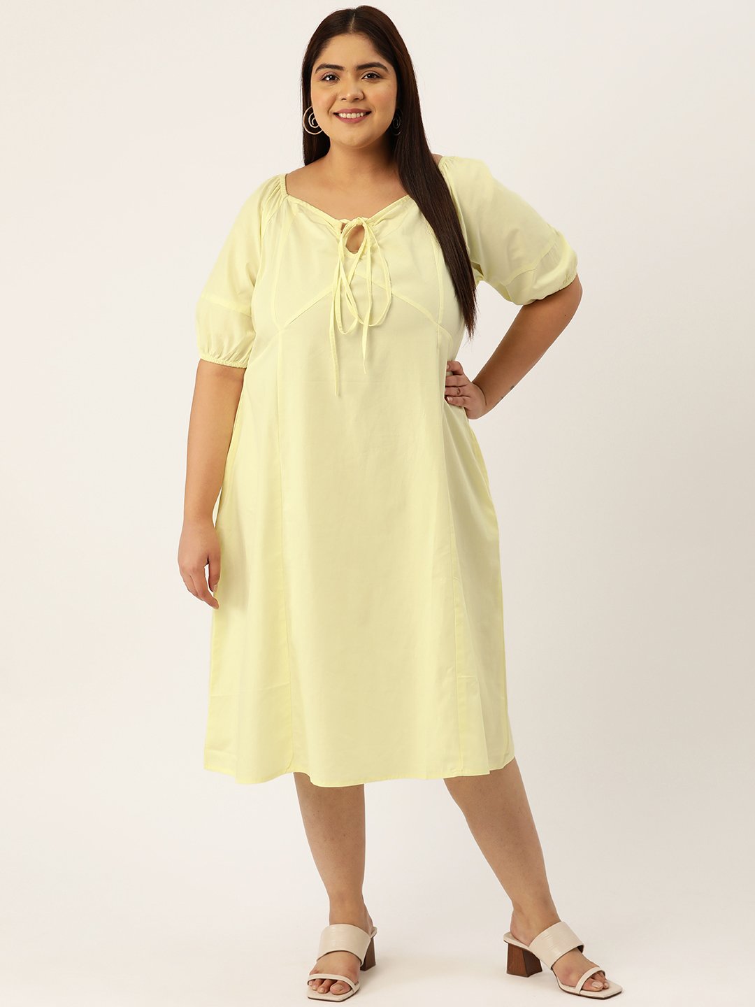 Women's Plus Size Lime Solid Color Neck Tie-Up Cotton Dress