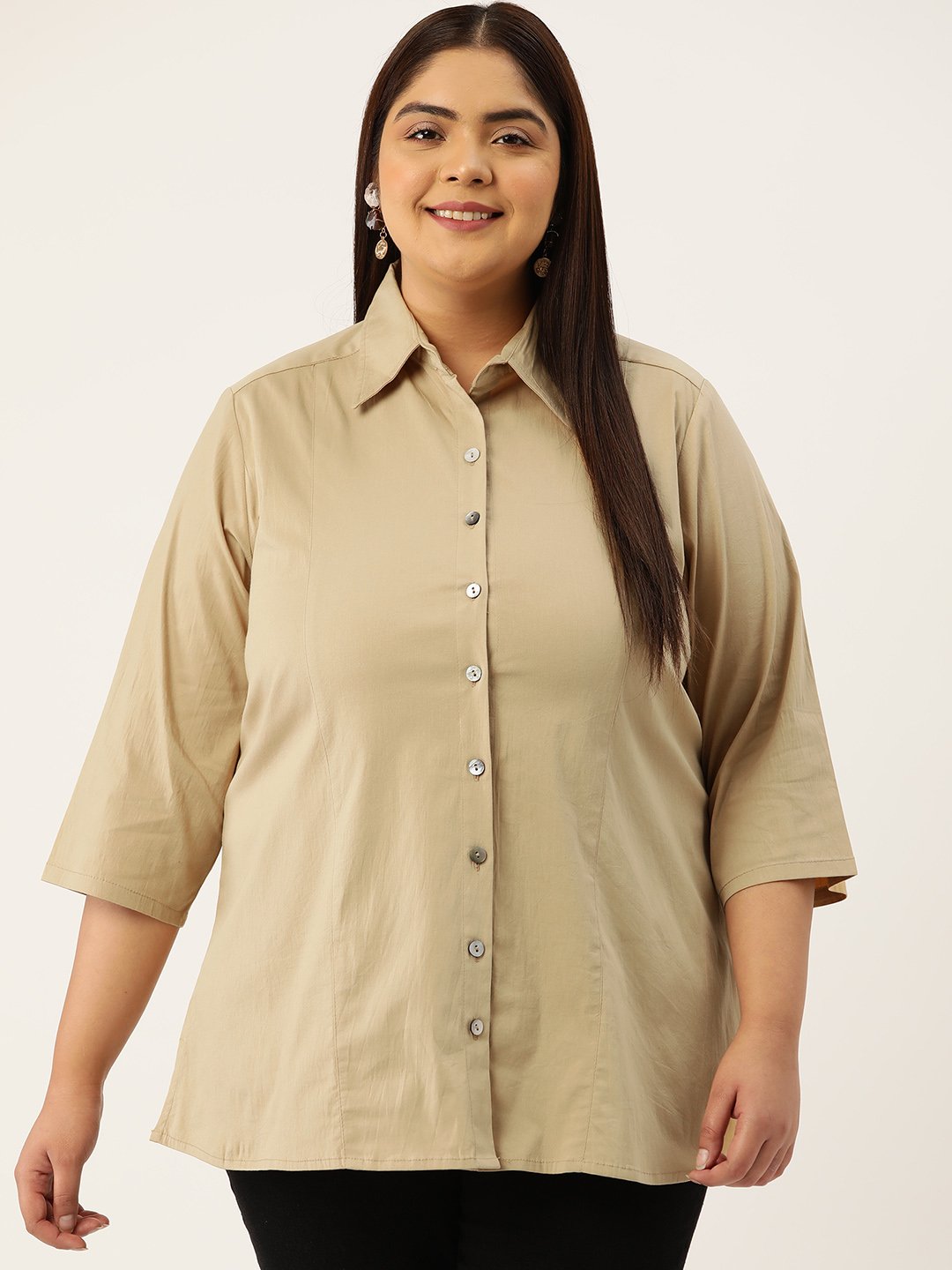 Women's Plus Size Beige Solid Color Button Closure Casual Shirt