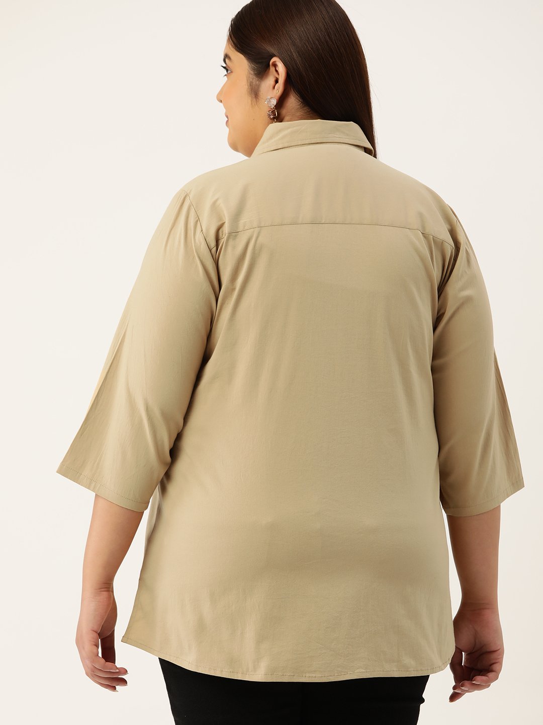 Women's Plus Size Beige Solid Color Button Closure Casual Shirt