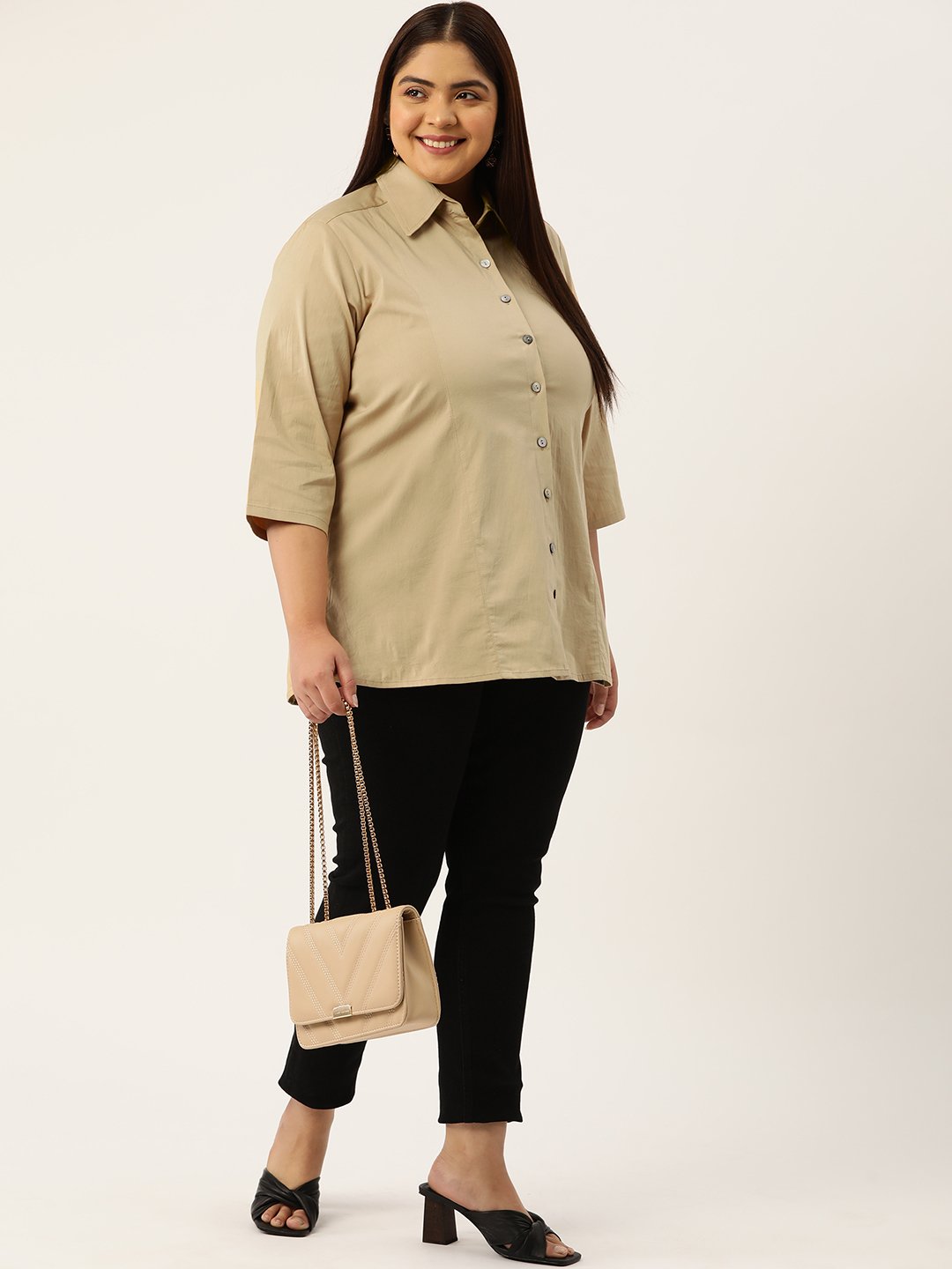 Women's Plus Size Beige Solid Color Button Closure Casual Shirt