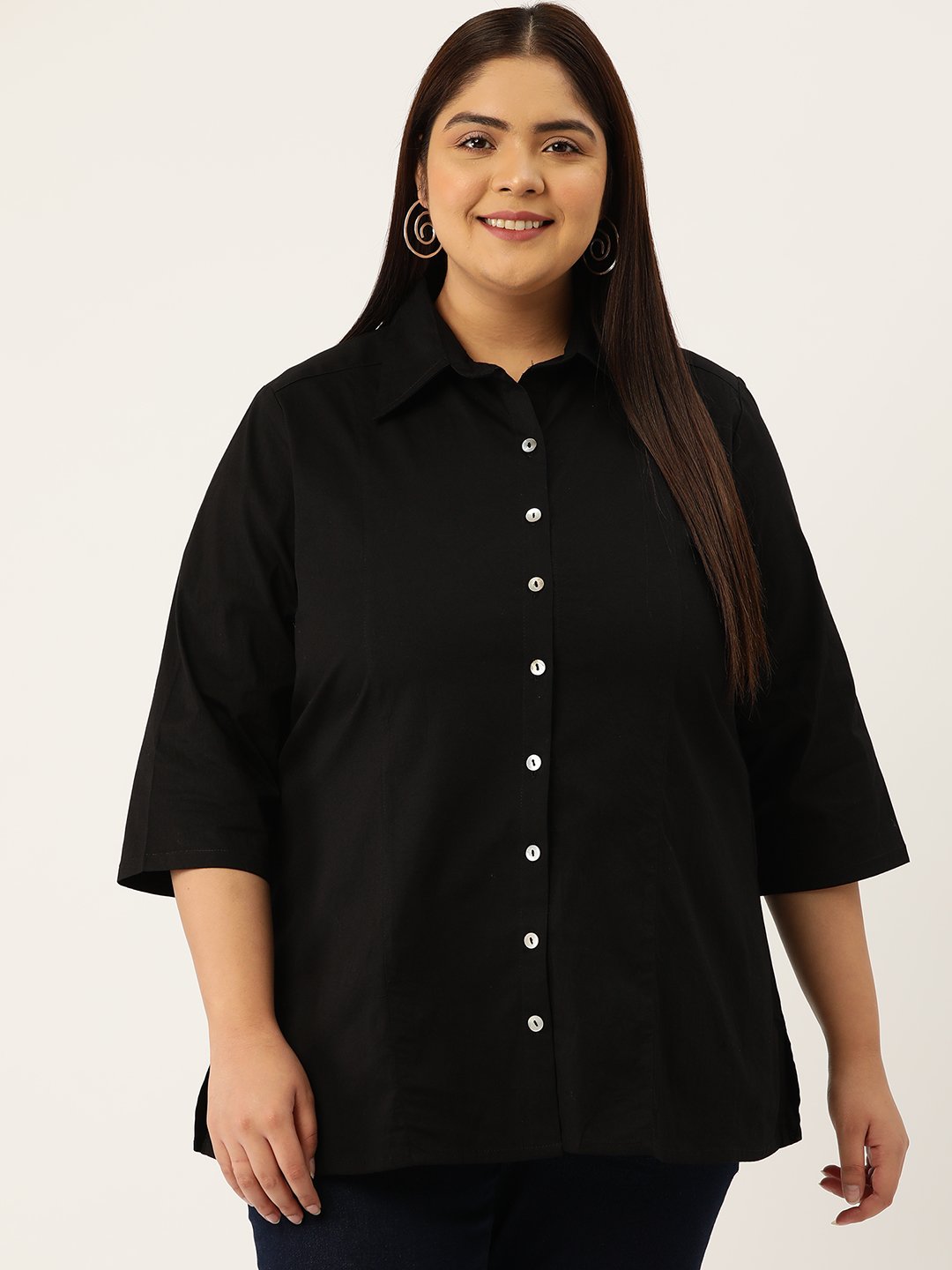 Women's Plus Size Black Solid Color Button Closure Casual Shirt