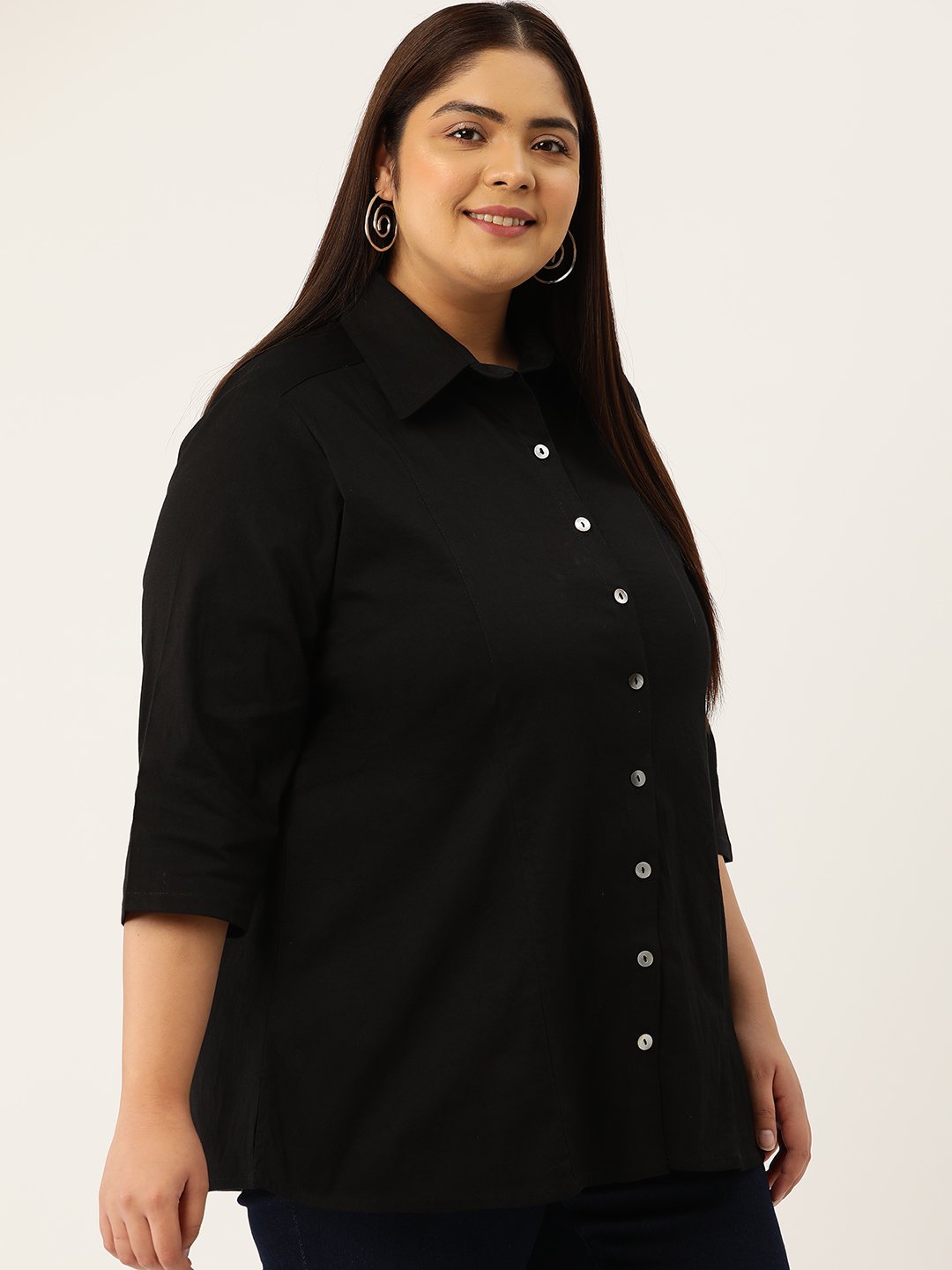Women's Plus Size Black Solid Color Button Closure Casual Shirt