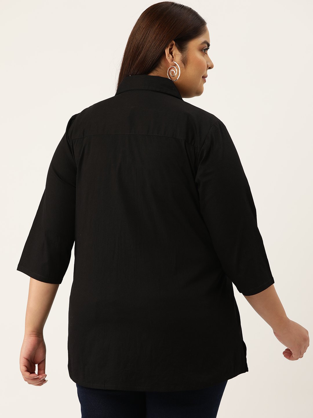 Women's Plus Size Black Solid Color Button Closure Casual Shirt
