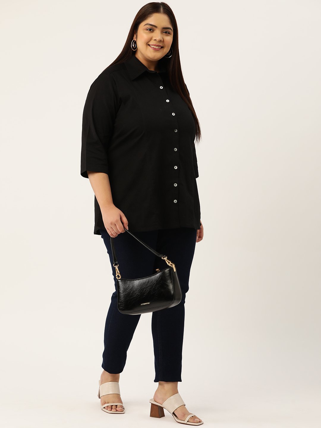 Women's Plus Size Black Solid Color Button Closure Casual Shirt