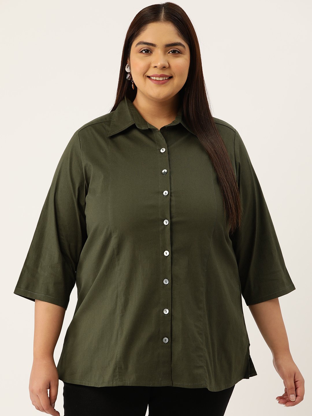 Women's Plus Size Olive Solid Color Button Closure Casual Shirt