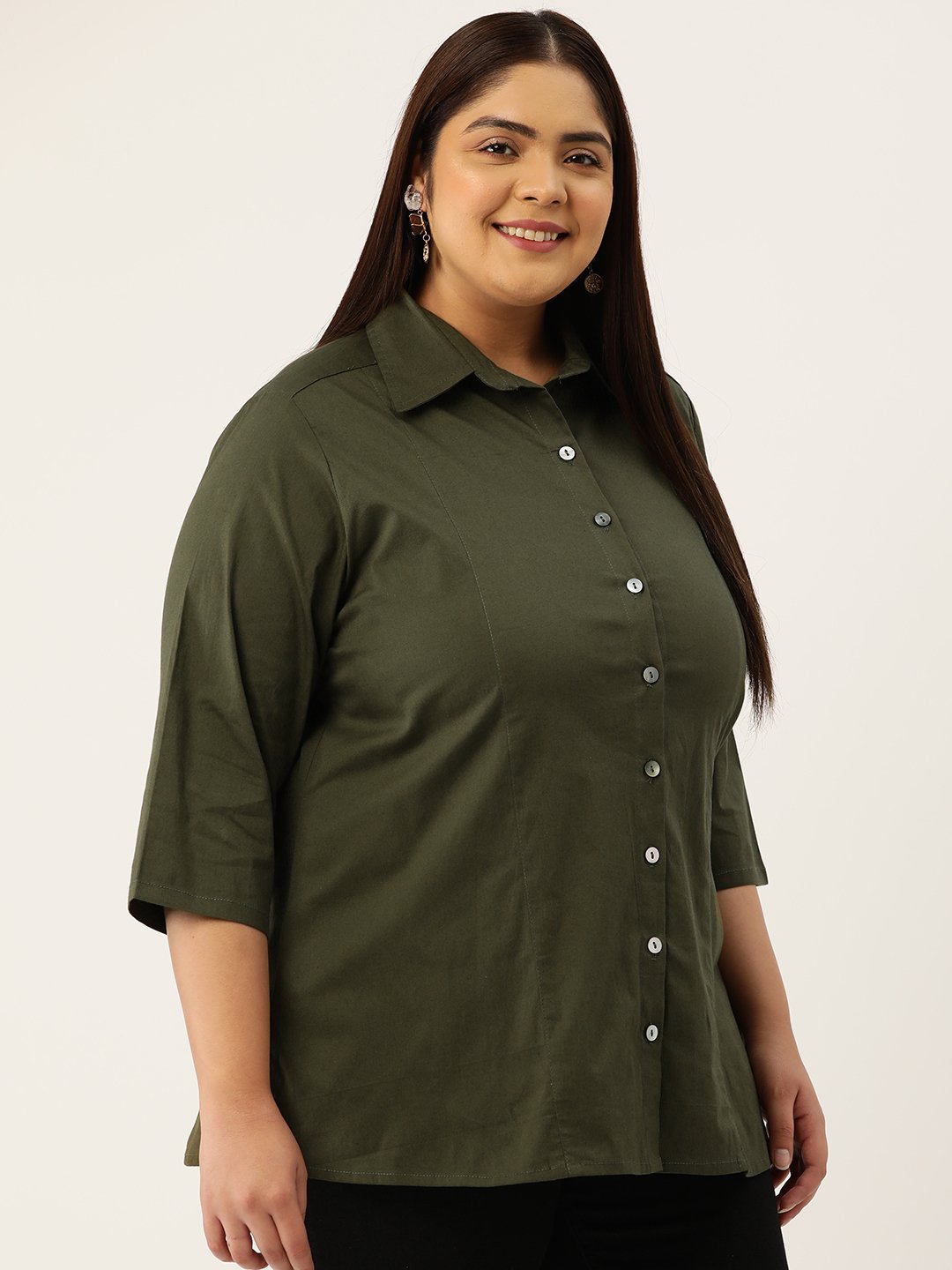 Women's Plus Size Olive Solid Color Button Closure Casual Shirt