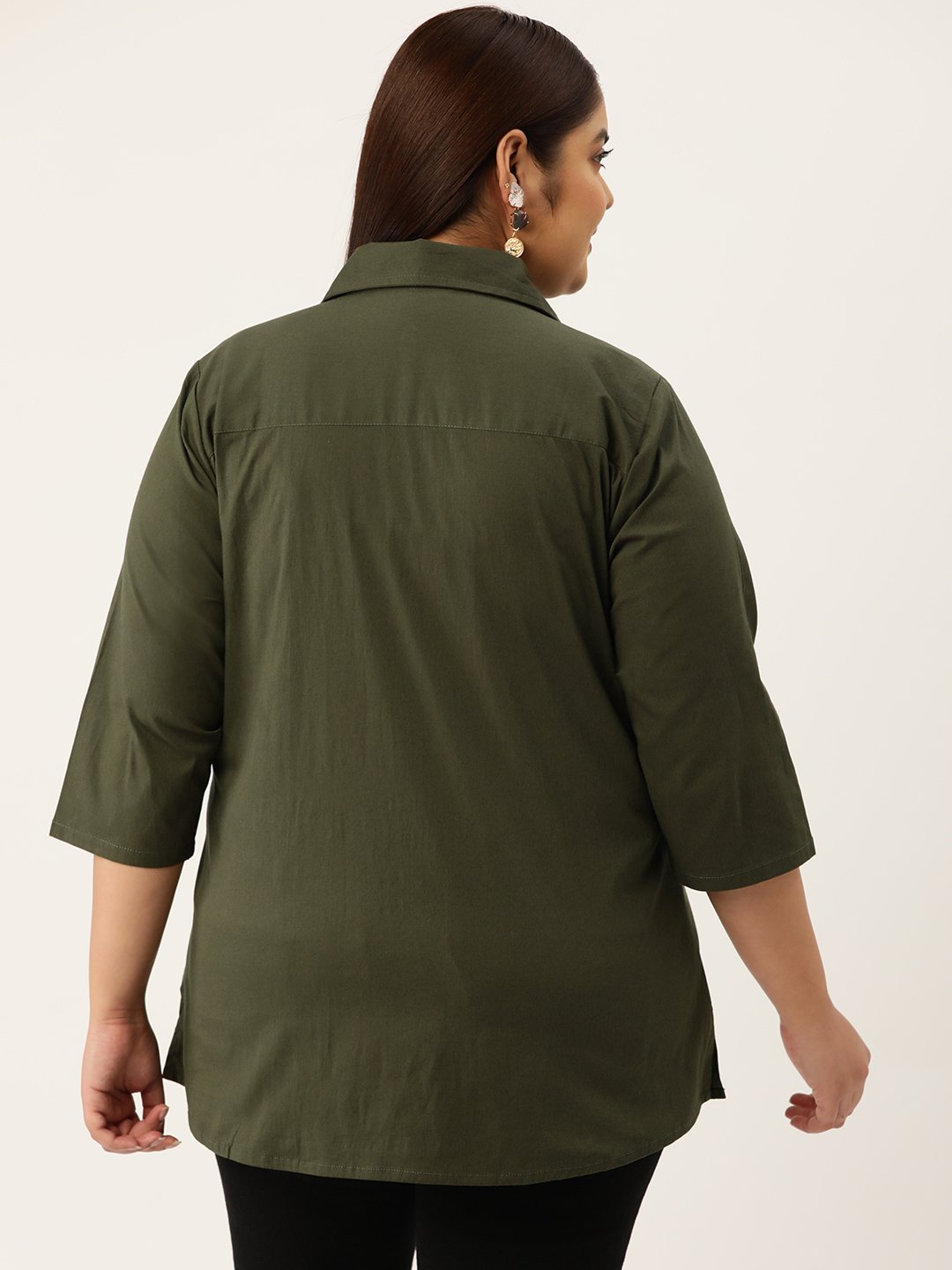 Women's Plus Size Olive Solid Color Button Closure Casual Shirt