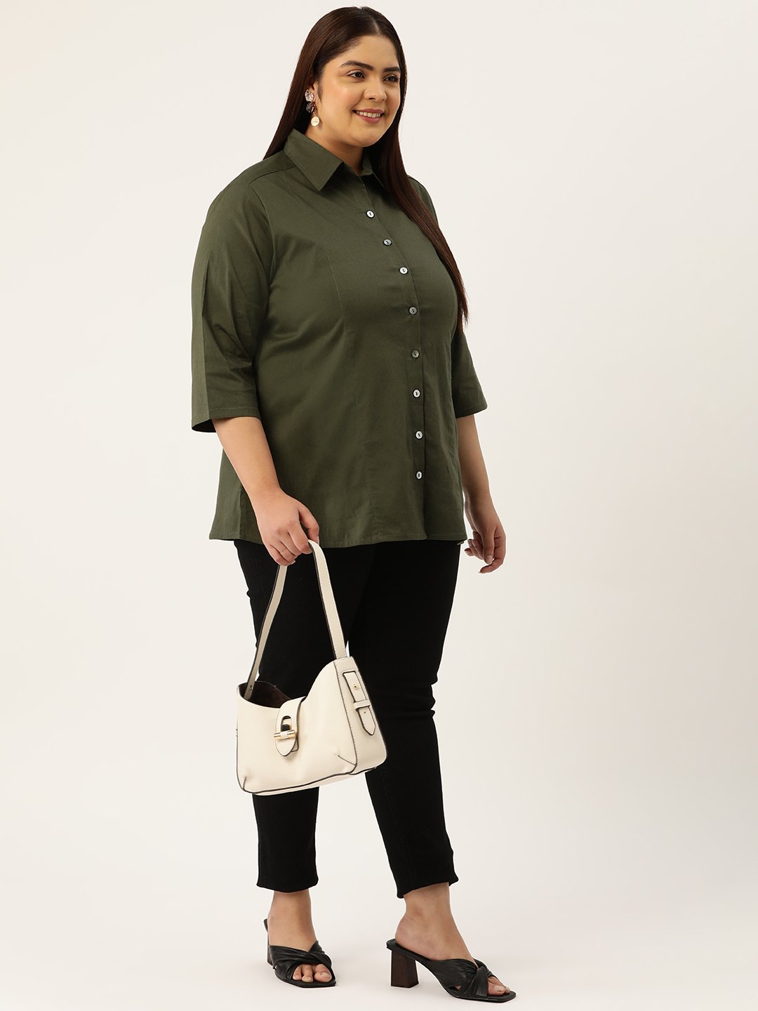 Women's Plus Size Olive Solid Color Button Closure Casual Shirt