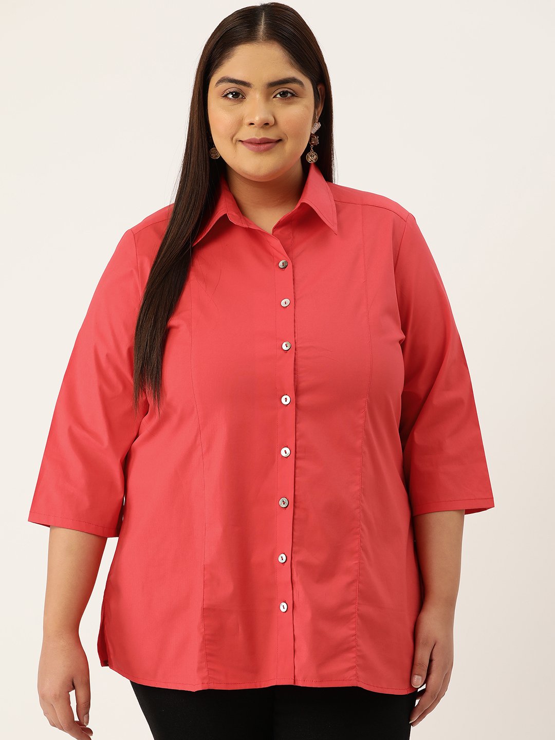 Women's Plus Size Red Solid Color Button Closure Casual Shirt