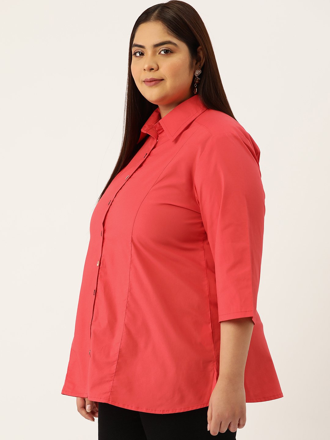 Women's Plus Size Red Solid Color Button Closure Casual Shirt