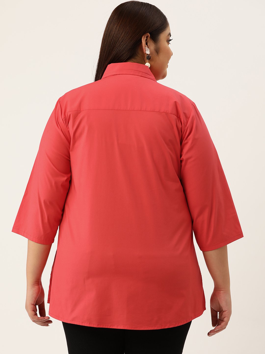 Women's Plus Size Red Solid Color Button Closure Casual Shirt