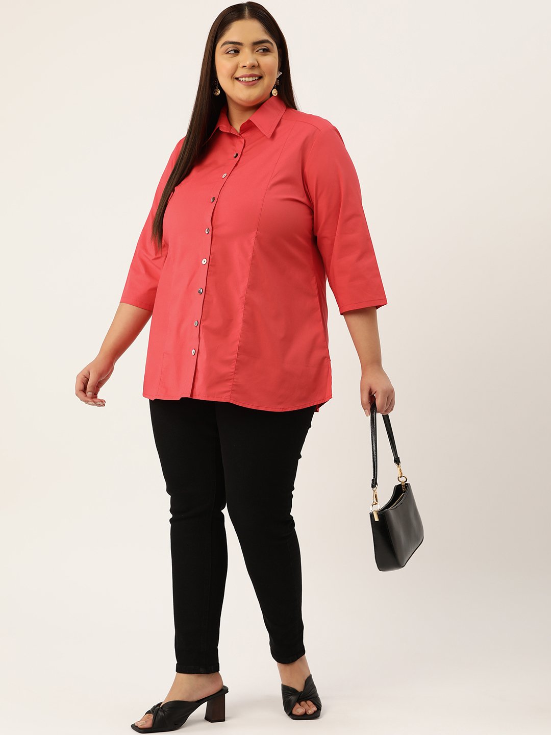 Women's Plus Size Red Solid Color Button Closure Casual Shirt