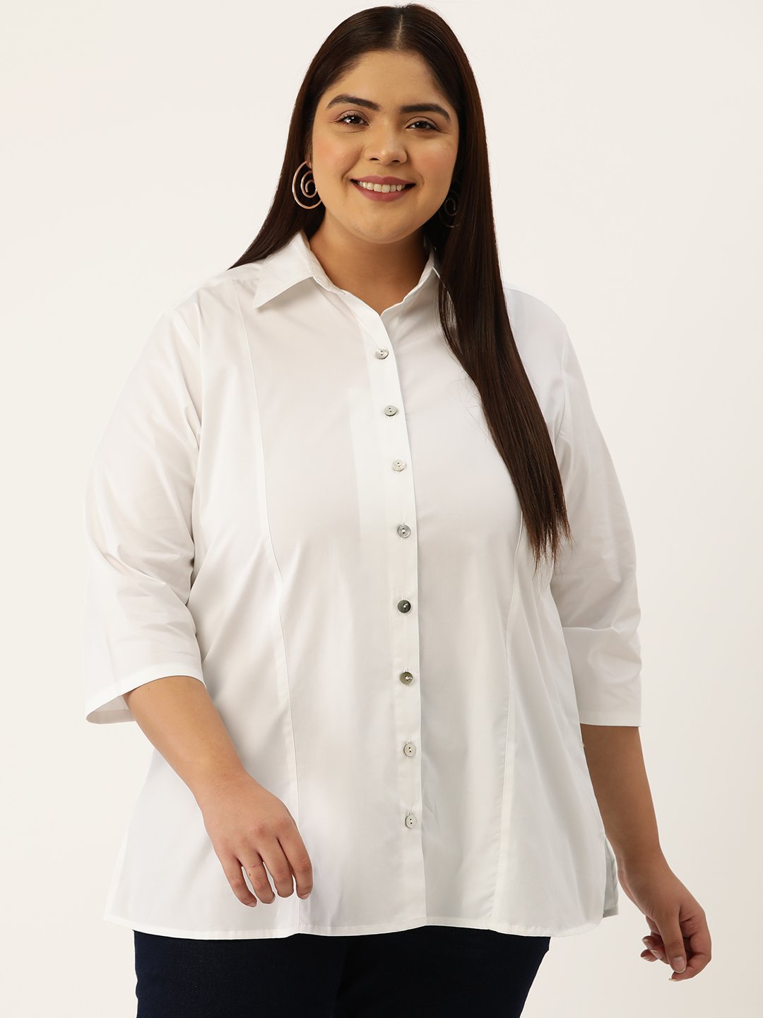 Women's Plus Size White Solid Color Button Closure Casual Shirt
