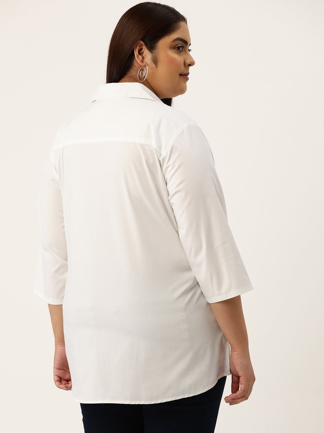 Women's Plus Size White Solid Color Button Closure Casual Shirt