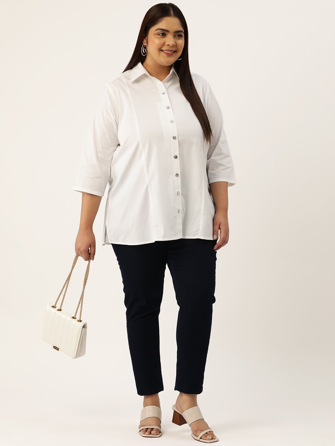 Women's Plus Size White Solid Color Button Closure Casual Shirt