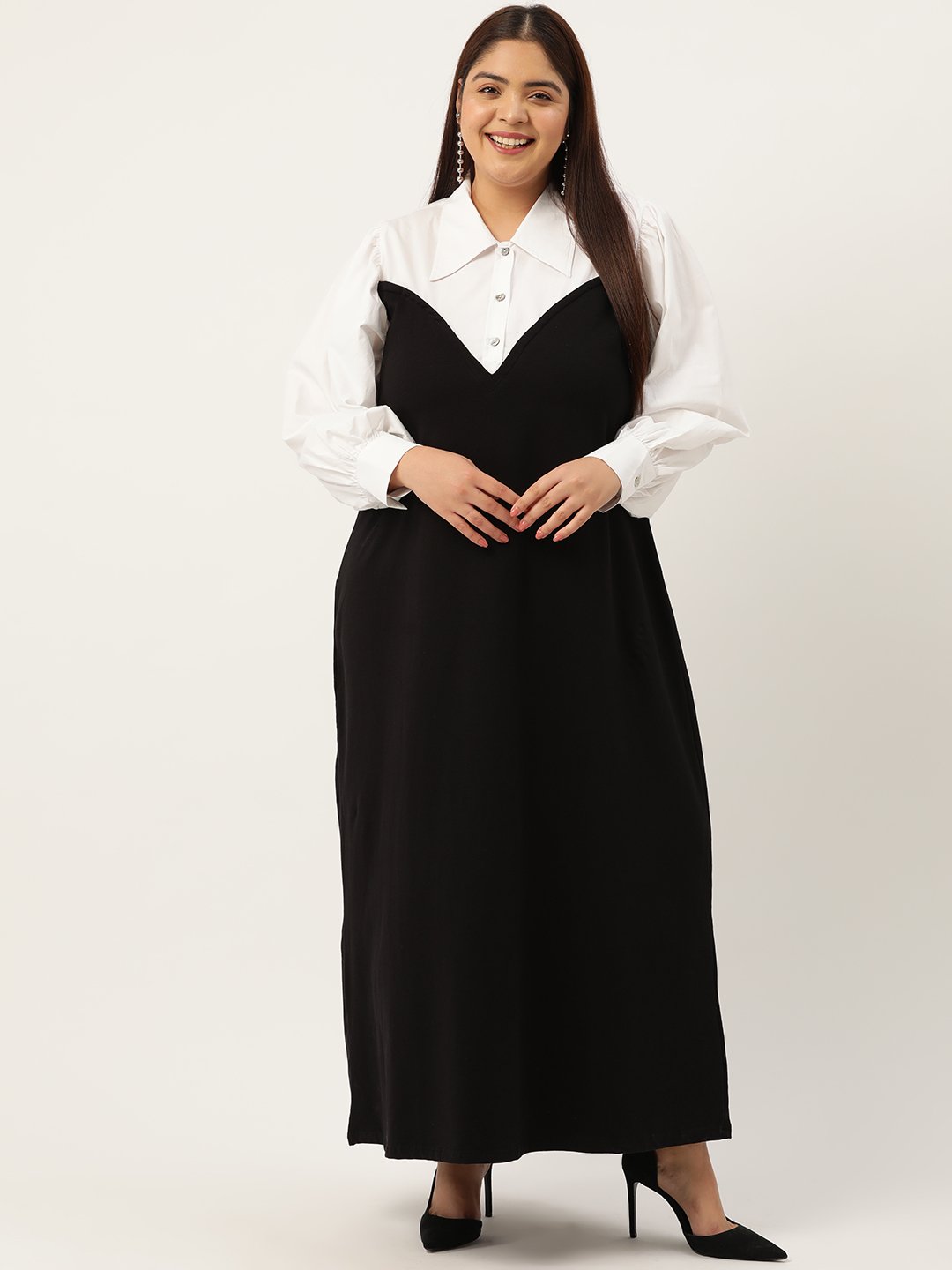 Women's Plus Size Black & White Color Block Maxi Dress