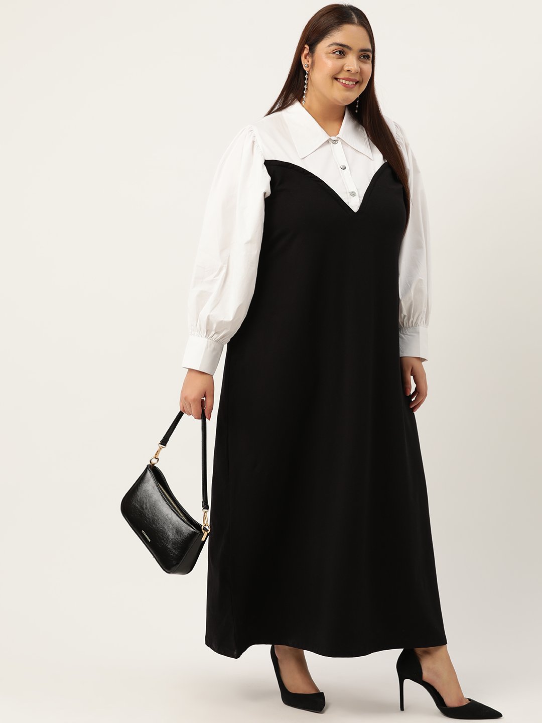 Women's Plus Size Black & White Color Block Maxi Dress
