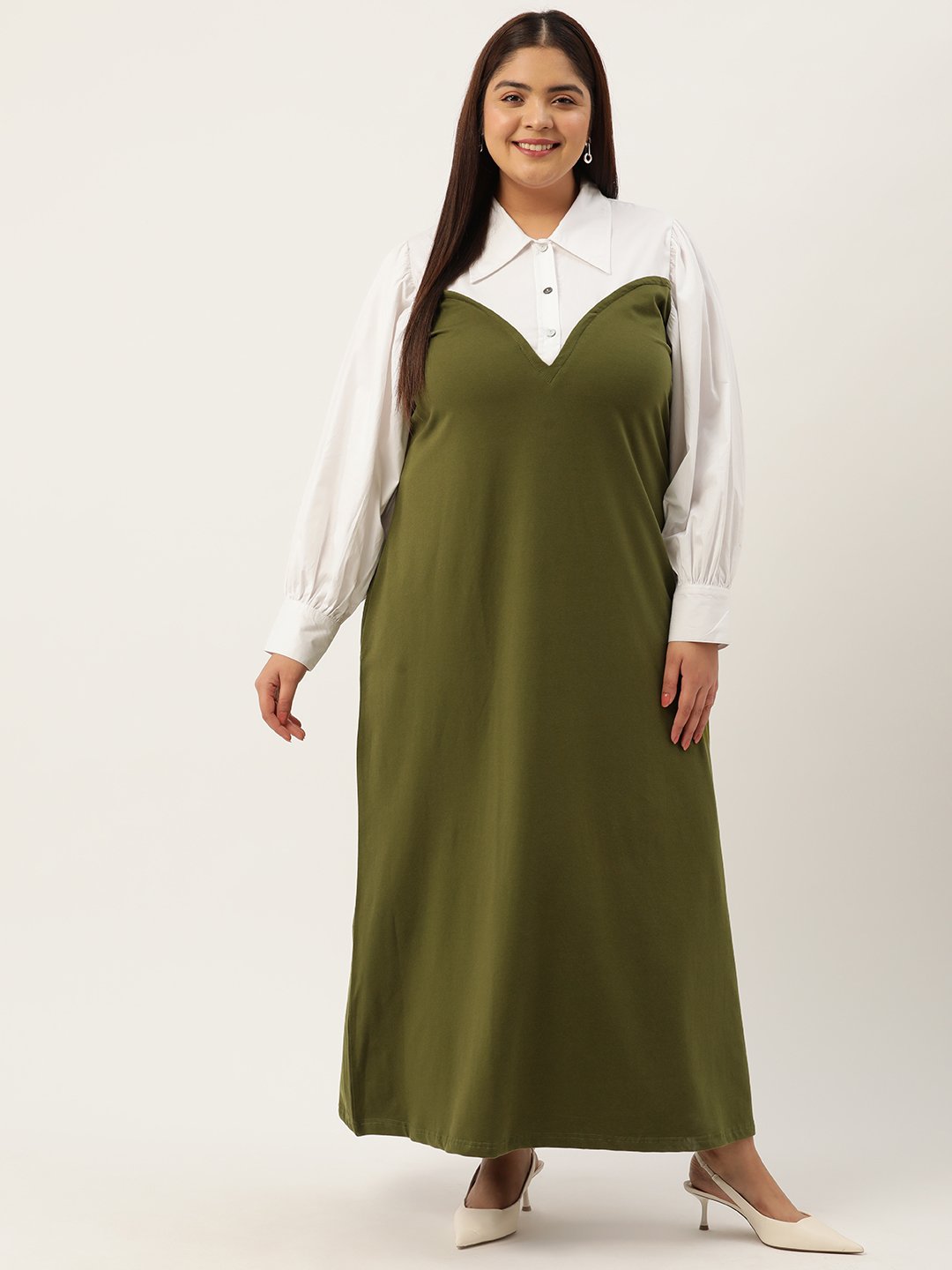 Women's Plus Size Green & White Color Block Maxi Dress