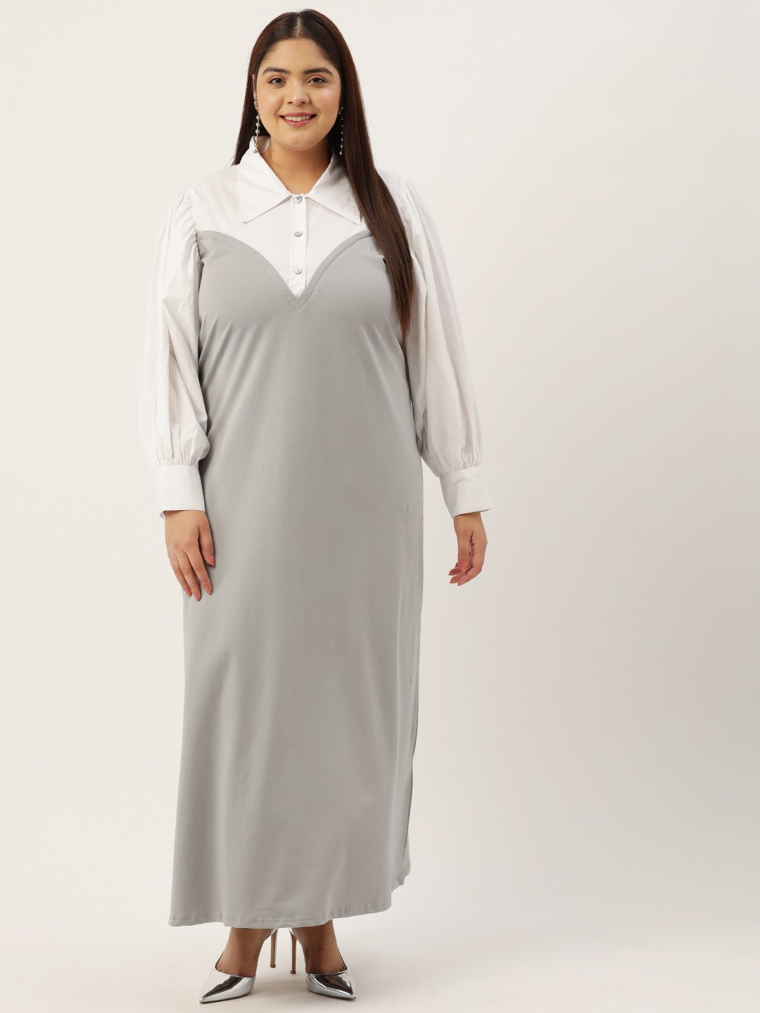 Women's Plus Size Grey & White Color Block Maxi Dress