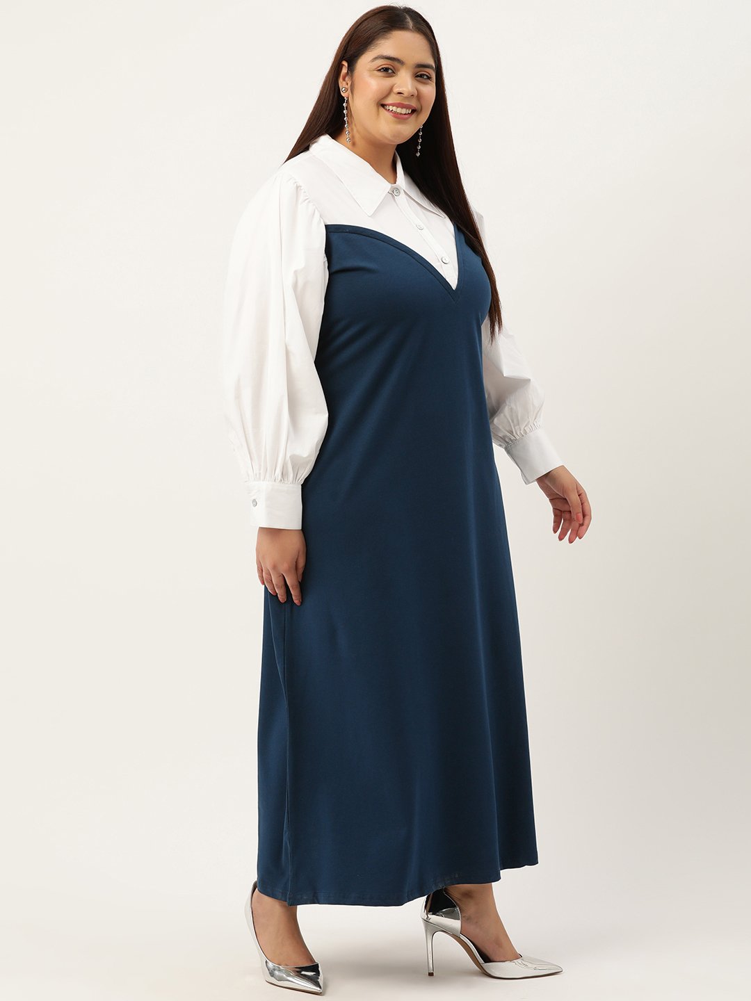 Women's Plus Size Maroon & White Color Block Maxi Dress