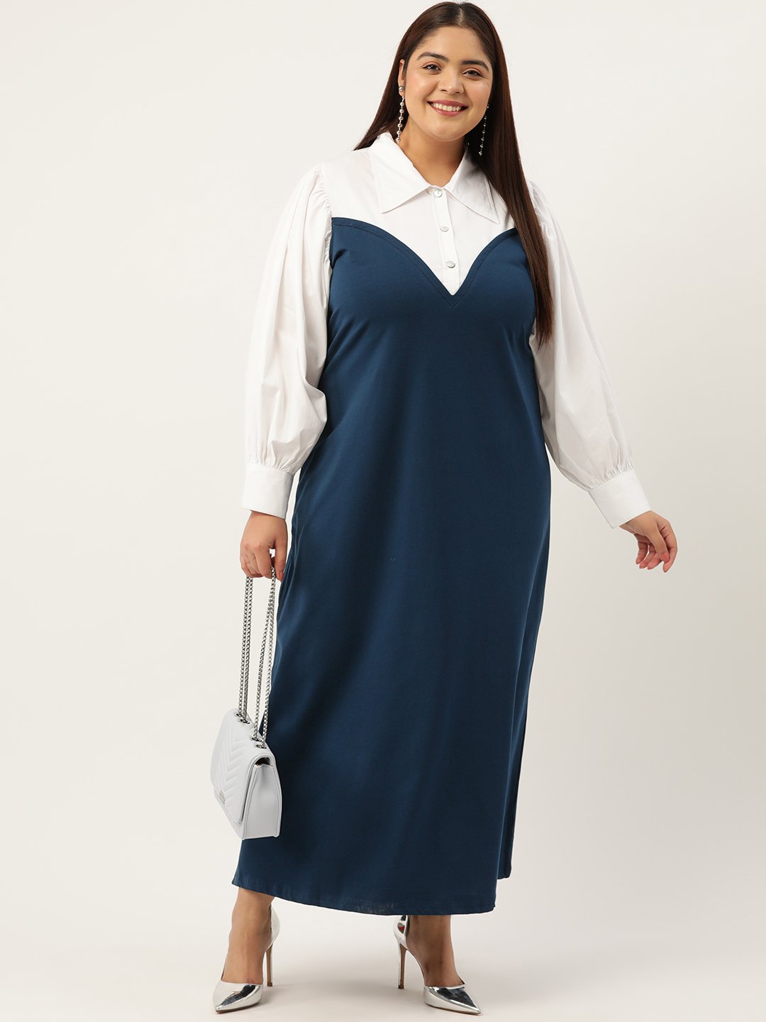 Women's Plus Size Maroon & White Color Block Maxi Dress