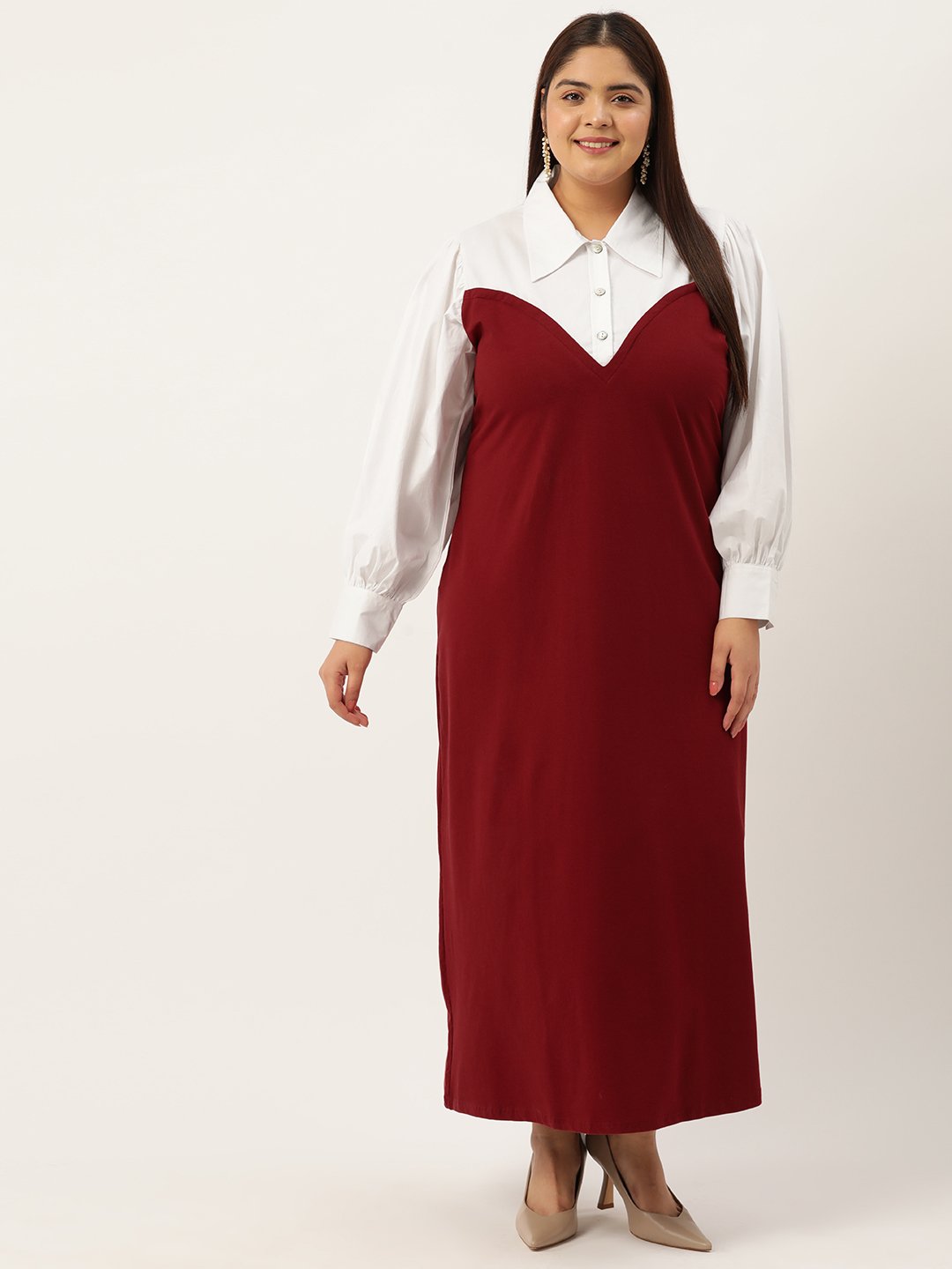 Women's Plus Size Maroon & White Color Block Maxi Dress