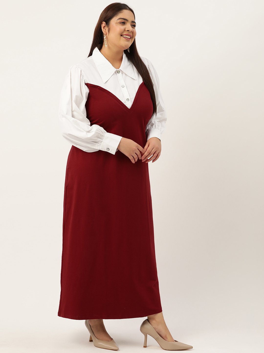 Women's Plus Size Maroon & White Color Block Maxi Dress